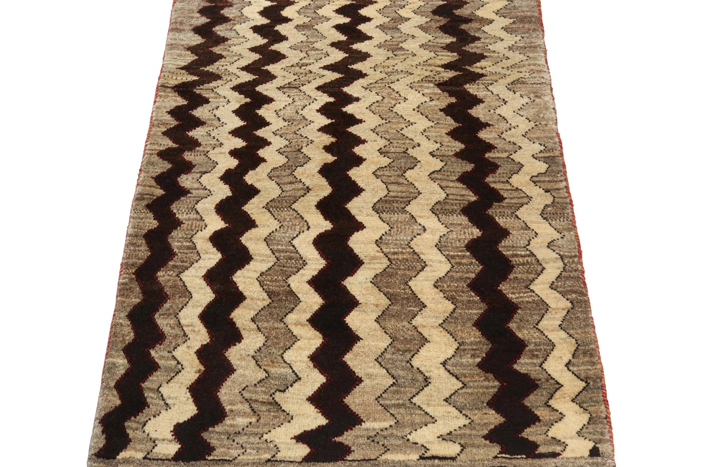 Turkish Vintage Gabbeh Tribal Rug in Beige-Brown & Black Chevron Patterns by Rug & Kilim For Sale