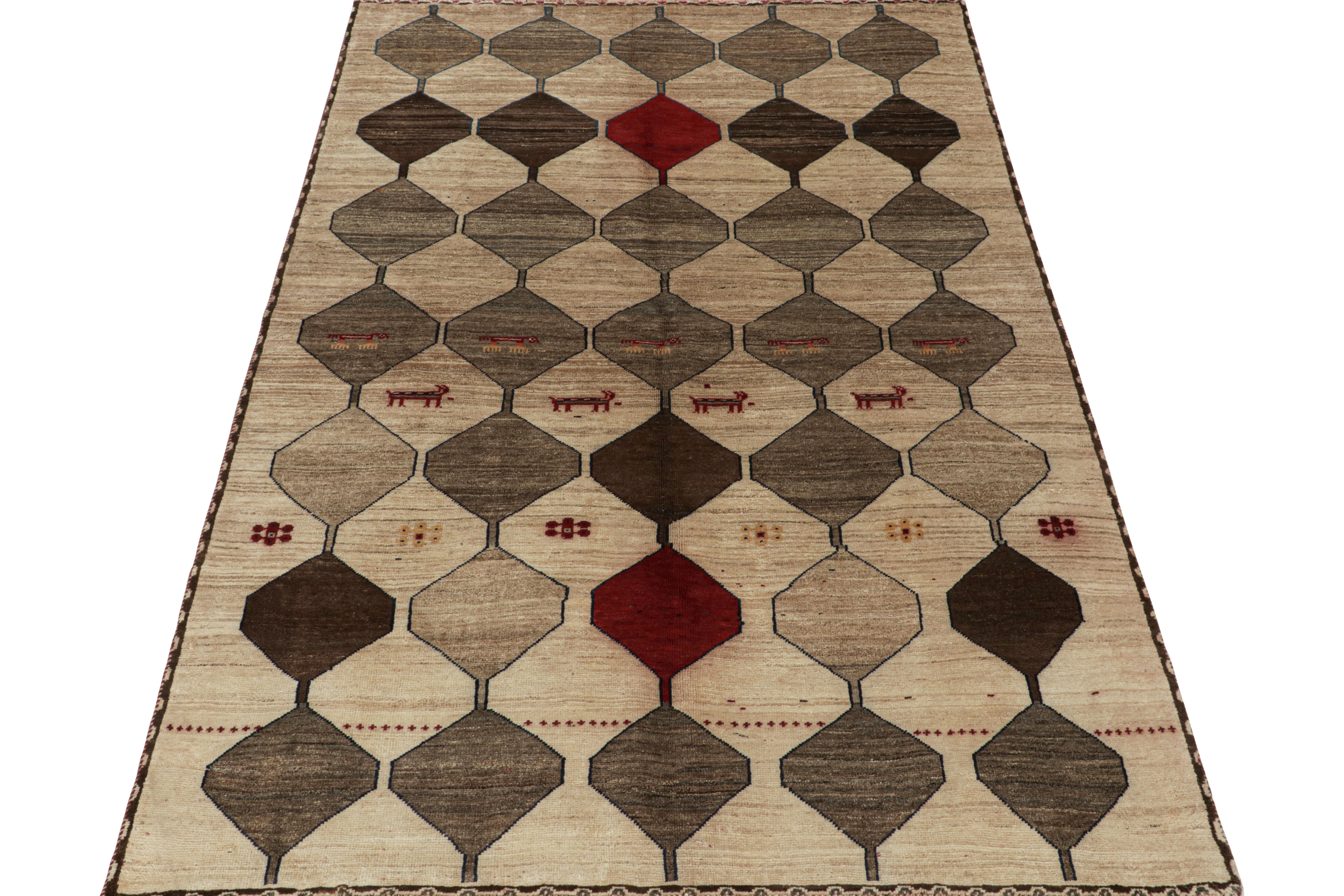 Turkish Vintage Gabbeh Tribal Rug in Beige-Brown, Gray and Red Accents by Rug & Kilim For Sale