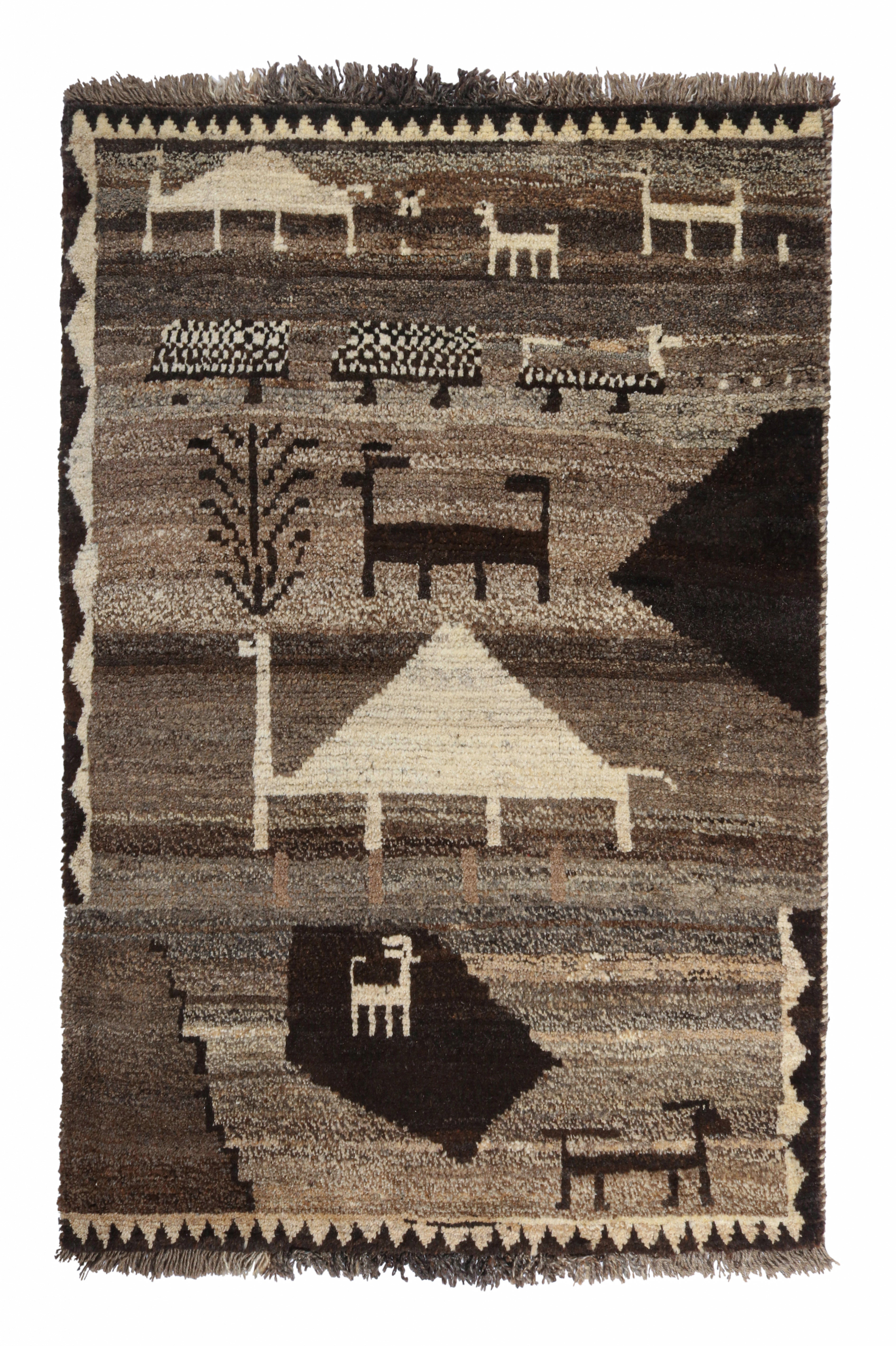Gabbeh Stammeskunst-Teppich in Beige-Braun, Grau mit malerischem Muster von Teppich & Kilim