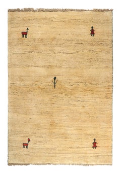 Gabbeh Stammeskunst-Teppich in Beige-Braun, Offenes Feld, Pictorial von Rug & Kilim