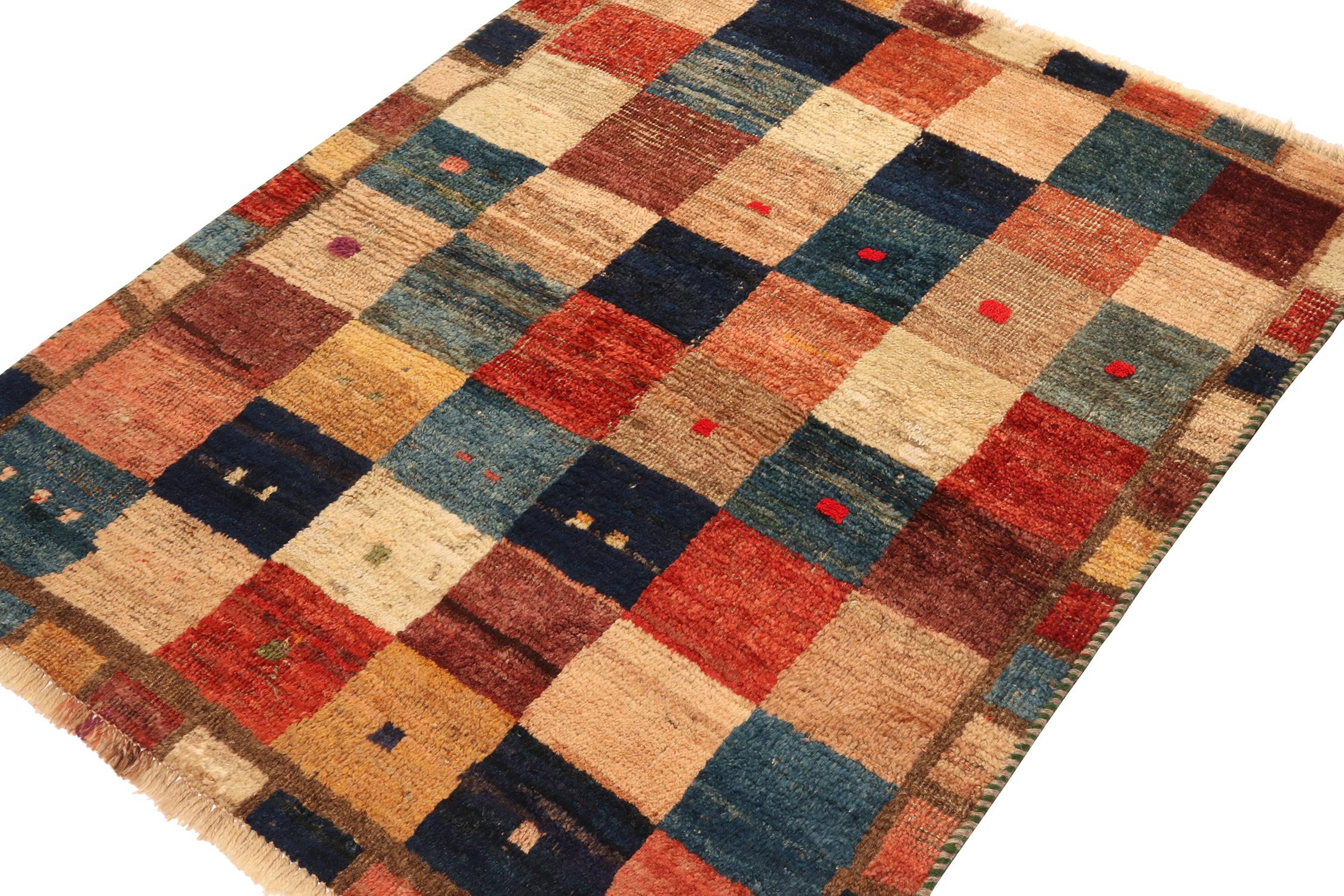 This vintage 3x4 Persian Gabbeh rug makes a splendid entry to Rug & Kilim’s curation of rare tribal pieces. Hand-knotted in wool circa 1950-1960.

On the design:

The piece features a playful geometric pattern in a joyful colorplay of
