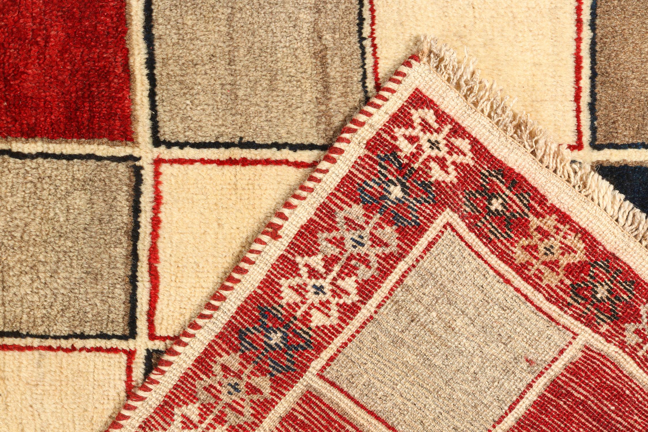 Wool Vintage Gabbeh Tribal Rug in Beige-Brown, Red Geometric Pattern by Rug & Kilim For Sale
