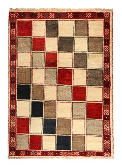 Tapis tribal Gabbeh vintage en beige-marron, motif géométrique rouge par Rug & Kilim