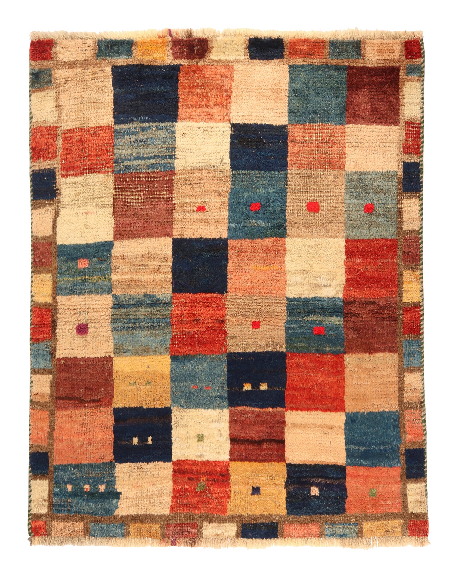 Gabbeh Vintage Stammeskunst-Teppich in Beige-Braun & Rot mit geometrischem Muster von Teppich & Kelim