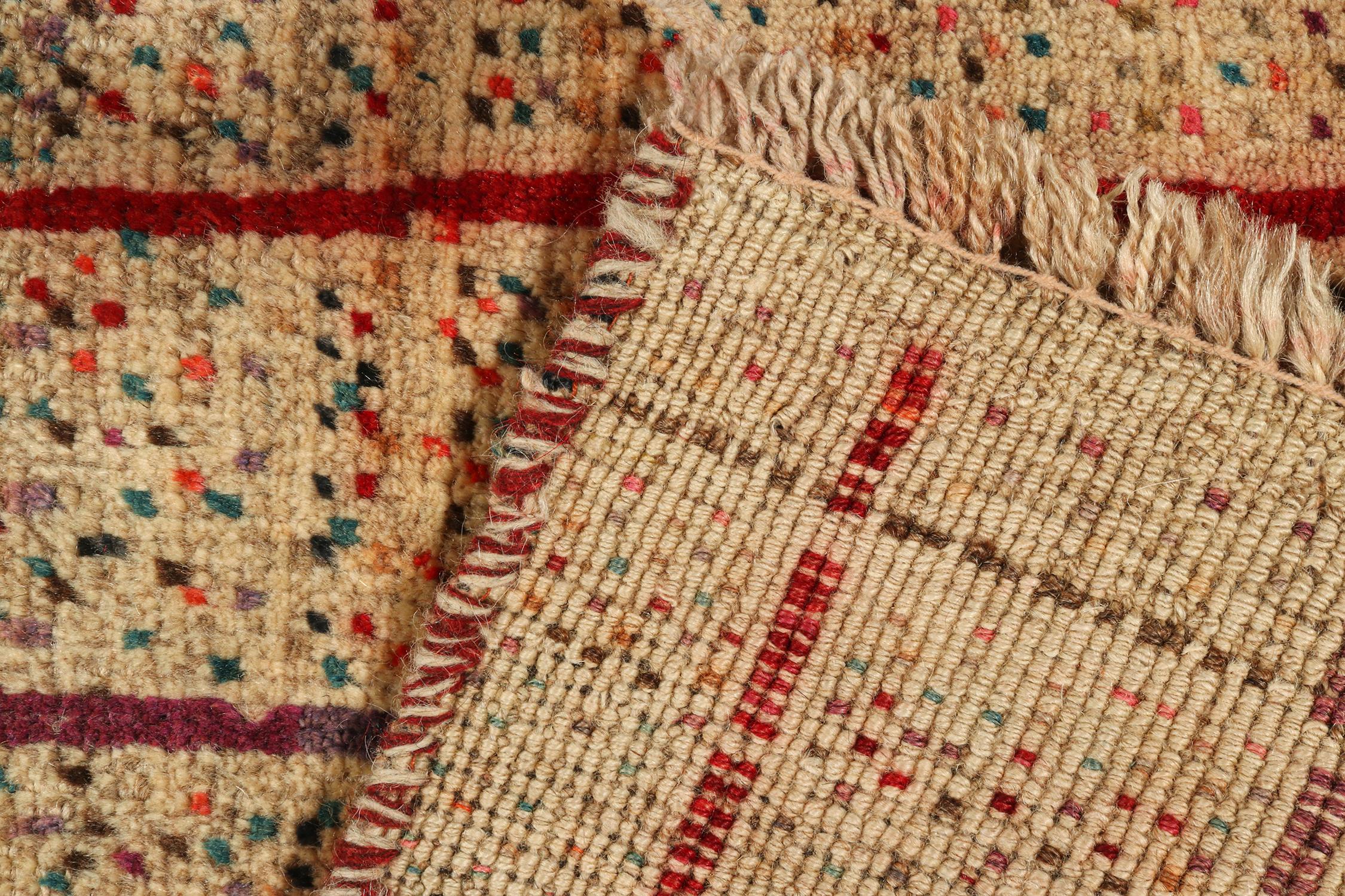 Wool Vintage Gabbeh Tribal Rug in Beige- Red Stripes and Colorful Dots by Rug & Kilim For Sale