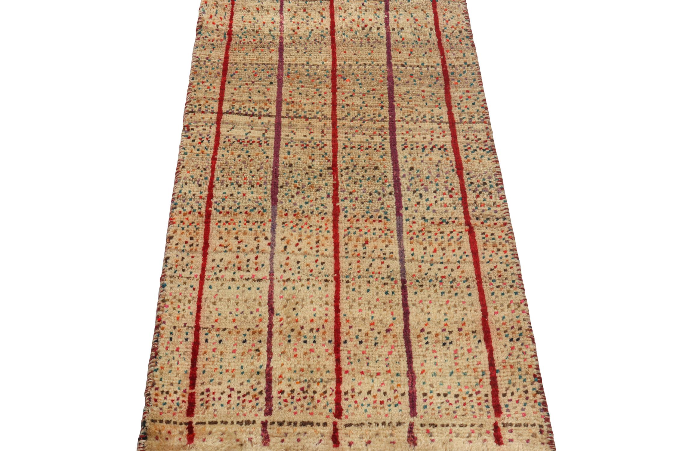 Turkish Vintage Gabbeh Tribal Rug in Beige- Red Stripes and Colorful Dots by Rug & Kilim For Sale