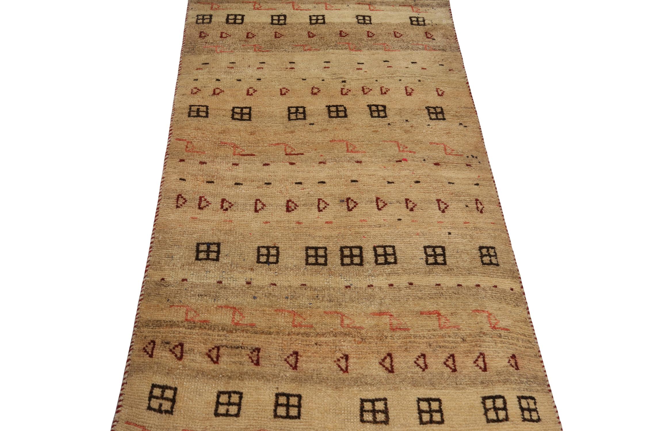 Hand-Knotted Vintage Gabbeh Tribal Rug in Beige with Brown Geometric Pattern by Rug & Kilim For Sale