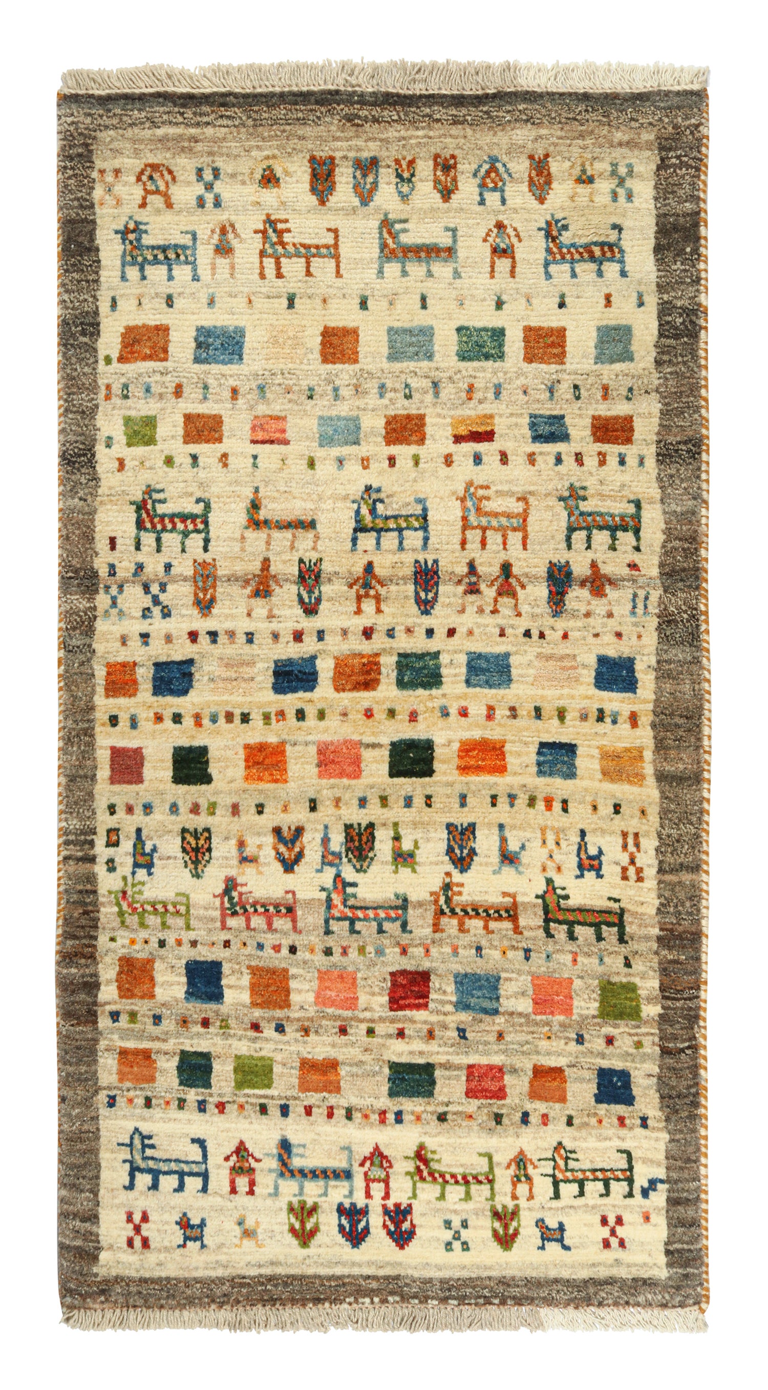 Gabbeh Tribal Teppich im Vintage-Stil in Beige mit orangefarbenen Bildmustern von Teppich & Kelim im Angebot