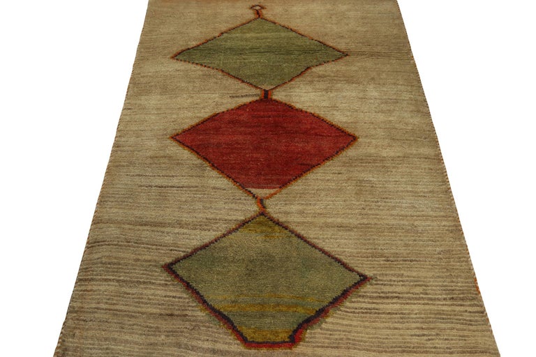 Vintage Gabbeh Tribal Rug in Beige with Red and Green Lozenge Medallion ...