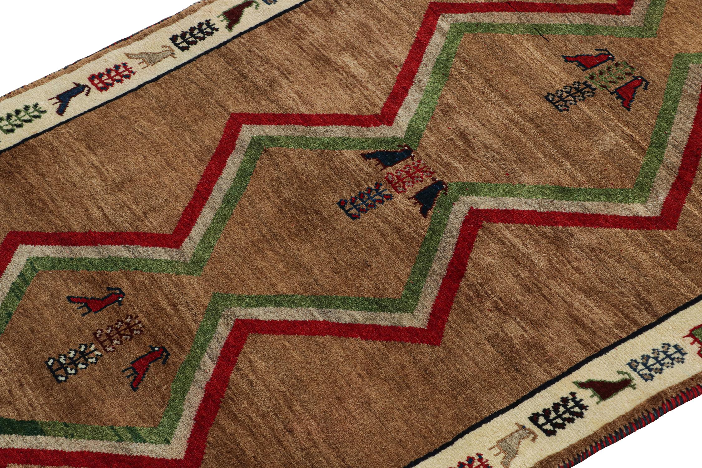 Hand-Knotted Vintage Gabbeh Tribal Rug in Brown, Red & Green Geometric Pattern by Rug & Kilim For Sale