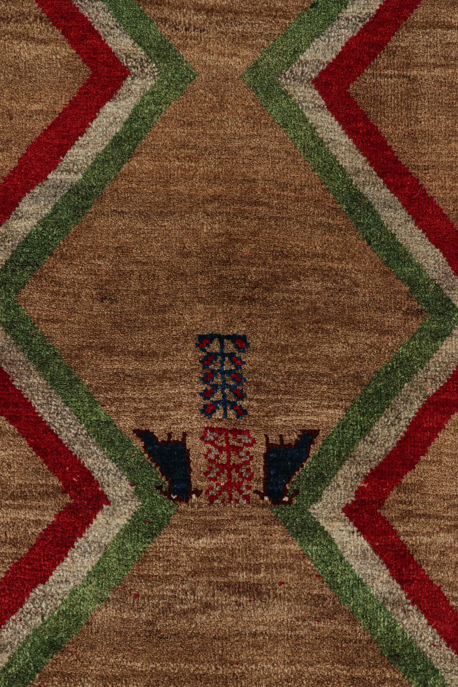 Mid-20th Century Vintage Gabbeh Tribal Rug in Brown, Red & Green Geometric Pattern by Rug & Kilim For Sale