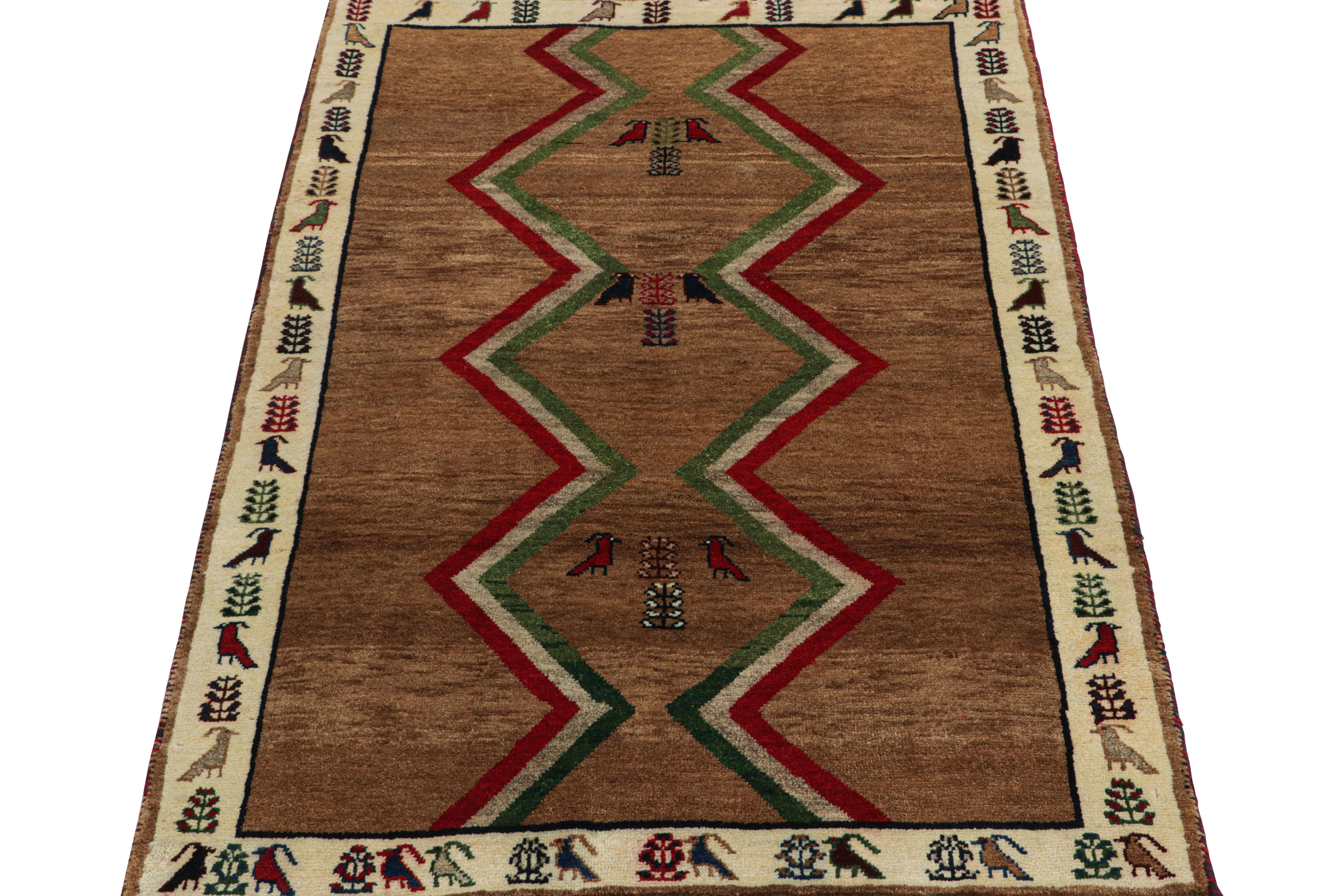 Turkish Vintage Gabbeh Tribal Rug in Brown, Red & Green Geometric Pattern by Rug & Kilim For Sale