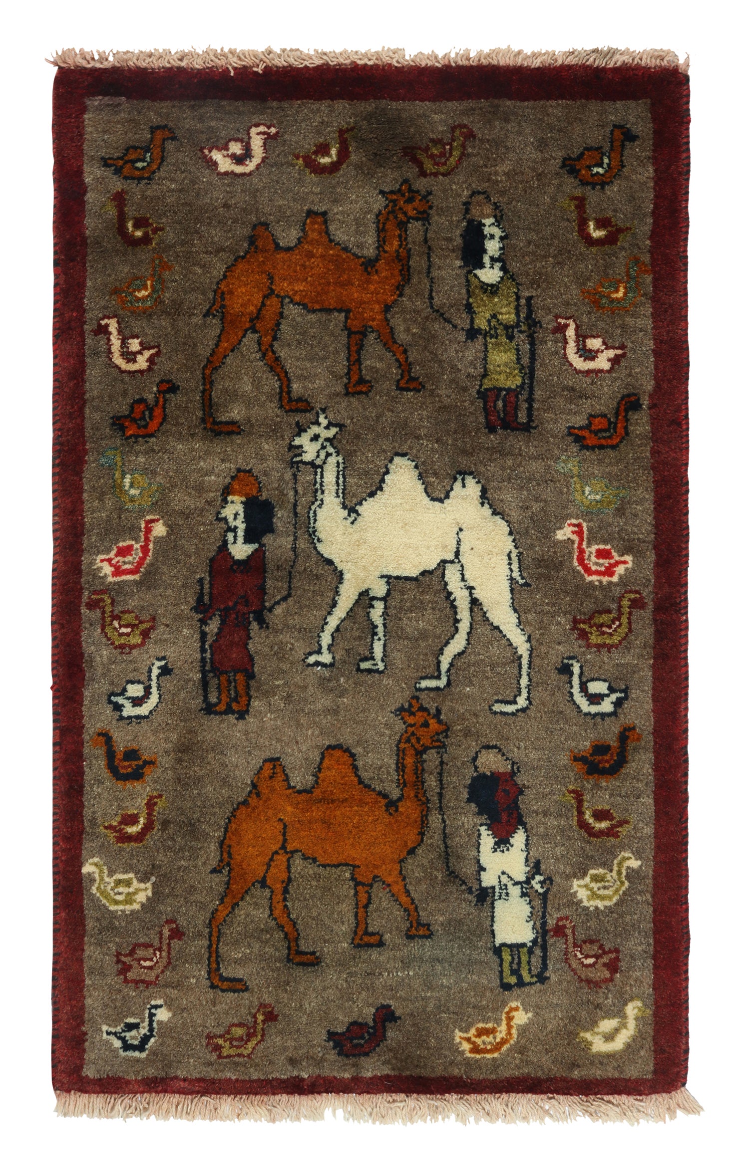 Vintage Gabbeh Stammeskunst-Teppich in Braun mit mehrfarbigem Bild von Teppich & Kelim