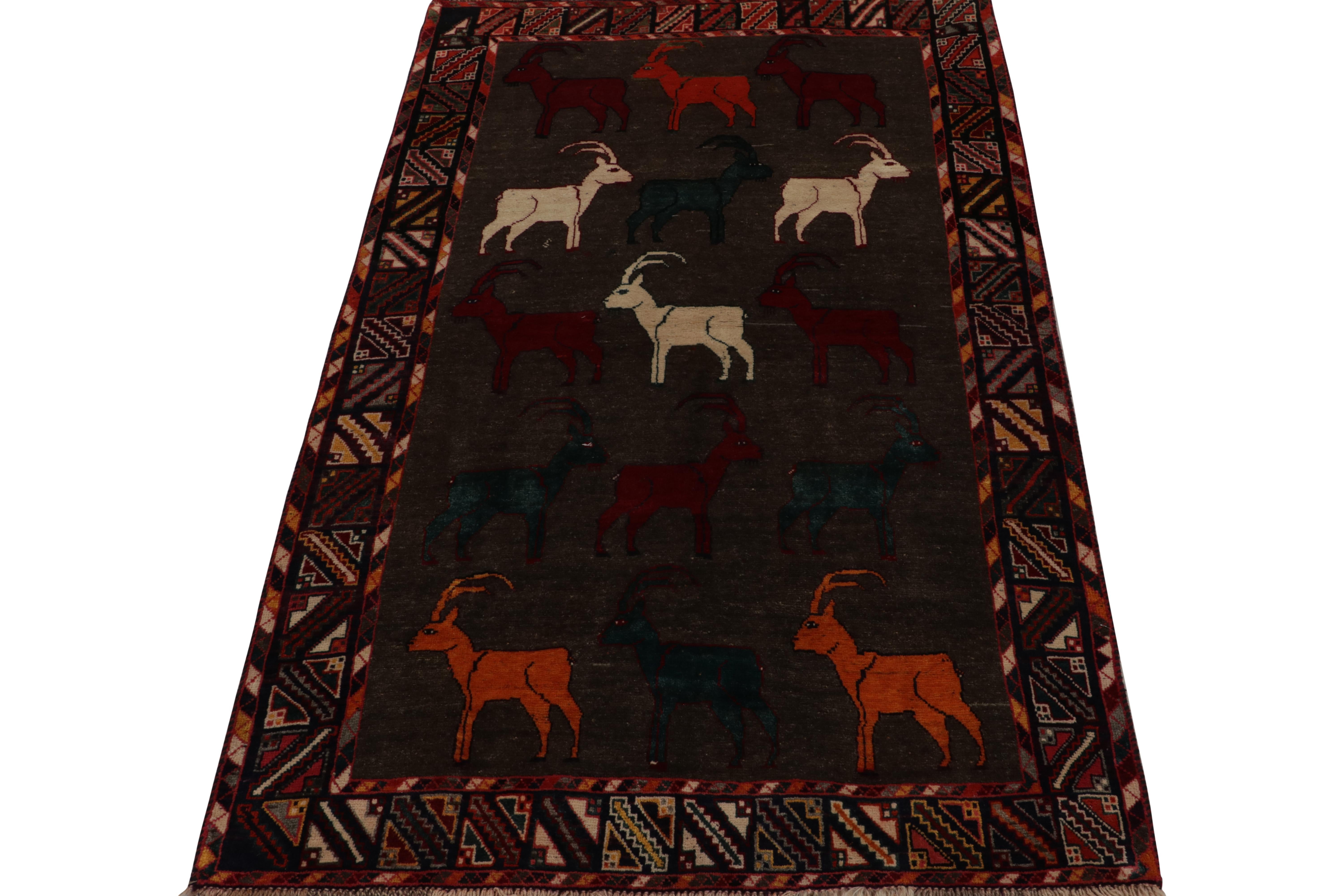 This vintage 5x8 Gabbeh Persian rug is from the latest entries in Rug & Kilim’s rare tribal curations. Hand-knotted in wool circa 1950-1960.

On the Design:

This tribal provenance is one of the most primitive, and collectible shabby-chic styles