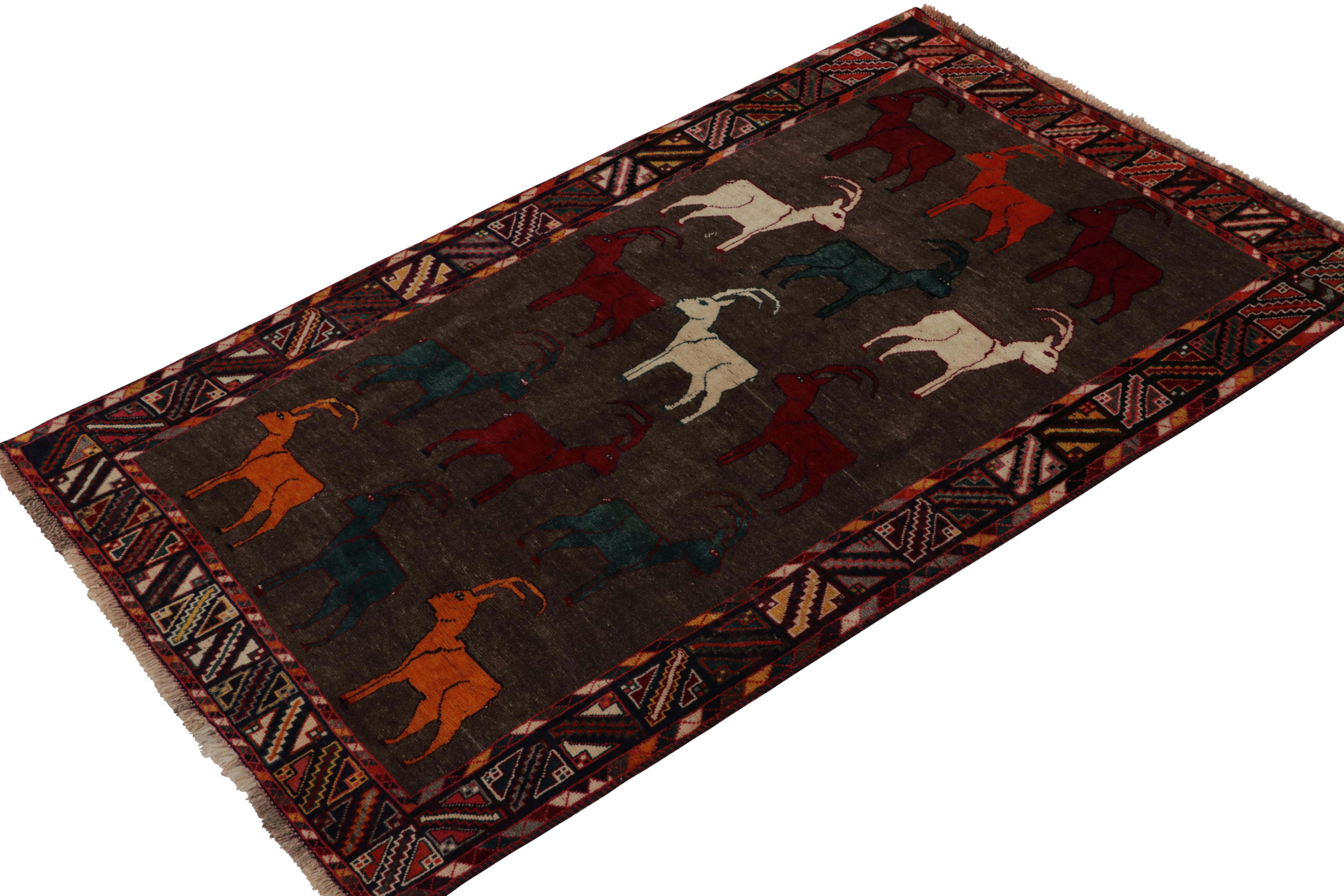 Turkish Vintage Gabbeh Tribal Rug in Brown & Multicolor Pictorial Pattern by Rug & Kilim For Sale