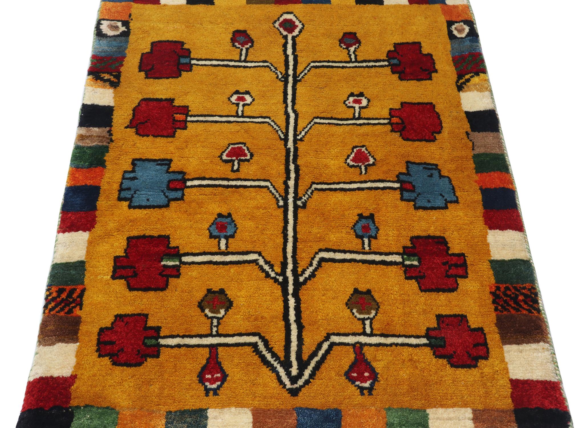 Turkish Vintage Gabbeh Tribal Rug in Gold with Colorful Geometric Pattern by Rug & Kilim For Sale