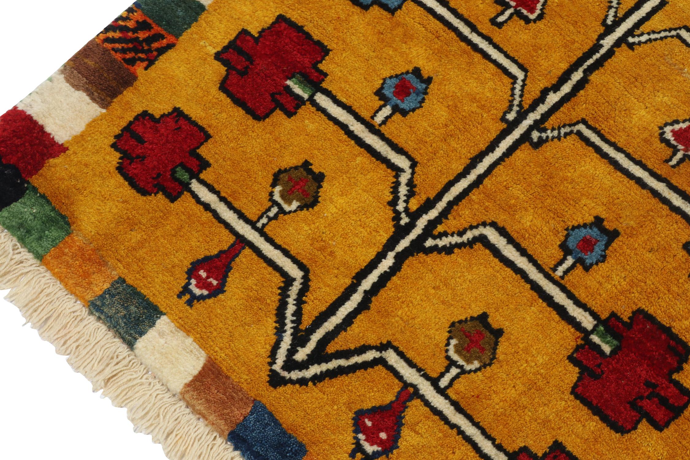 Hand-Knotted Vintage Gabbeh Tribal Rug in Gold with Colorful Geometric Pattern by Rug & Kilim For Sale