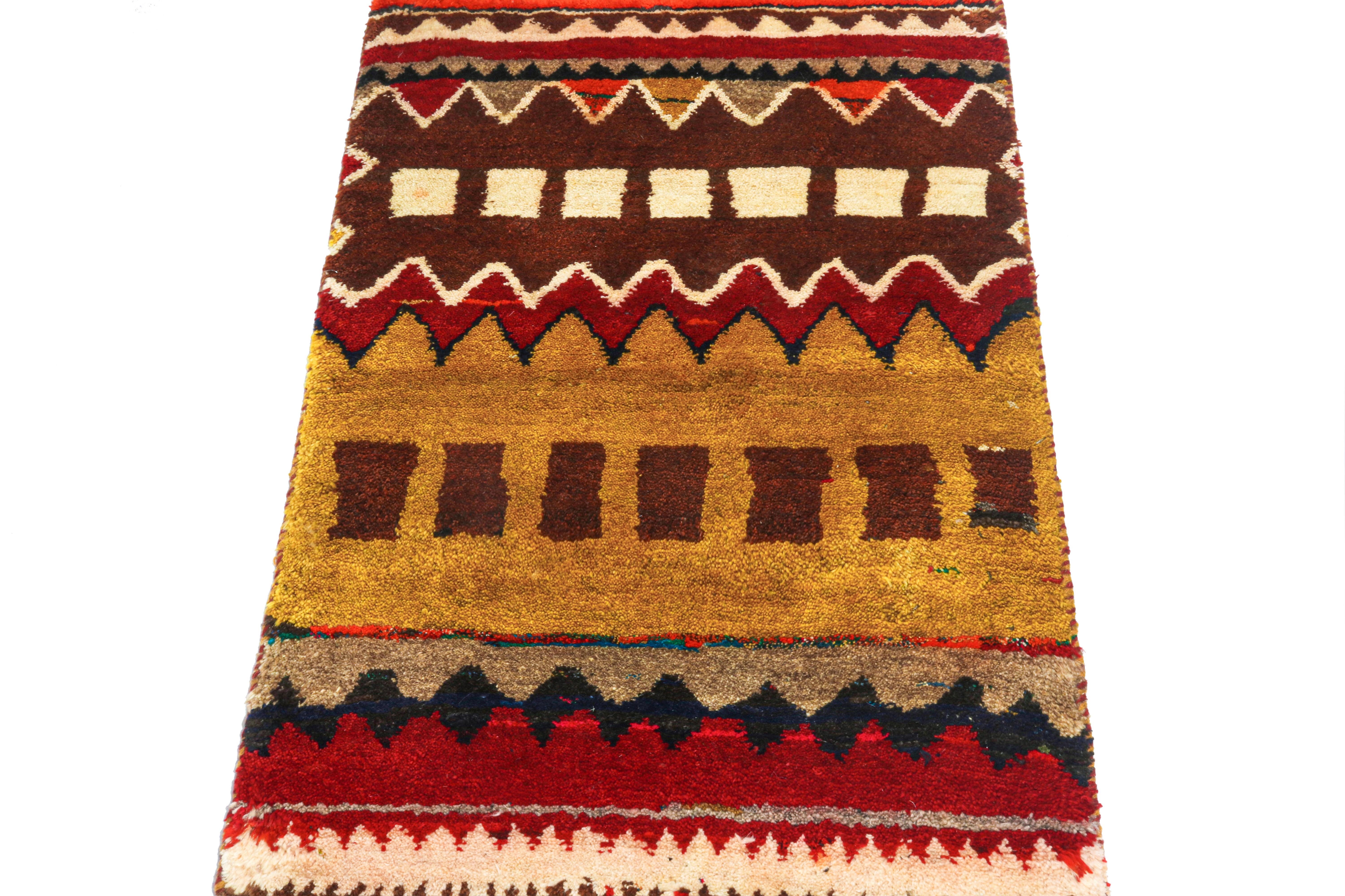 Turkish Vintage Gabbeh Tribal Rug in Gold with Red Geometric Pattern by Rug & Kilim For Sale