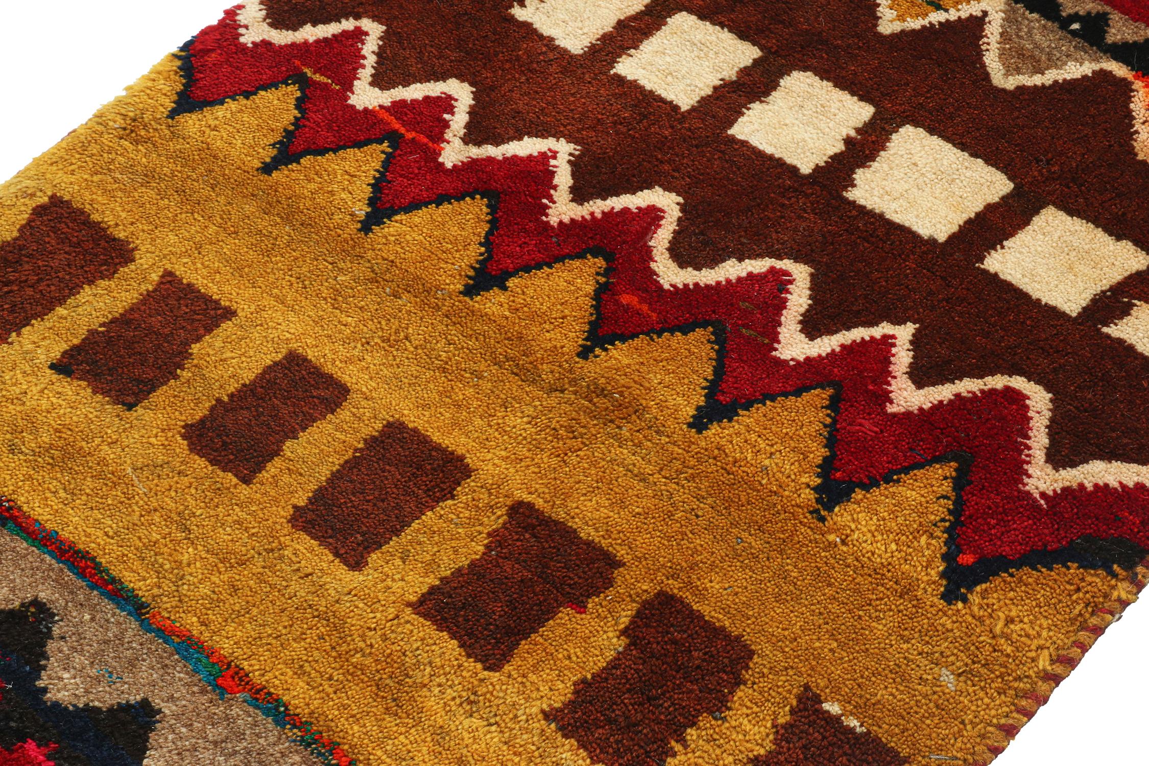 Hand-Knotted Vintage Gabbeh Tribal Rug in Gold with Red Geometric Pattern by Rug & Kilim For Sale