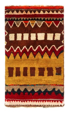 Vintage Gabbeh Stammeskunst-Teppich in Gold mit rotem geometrischem Muster von Teppich & Kelim