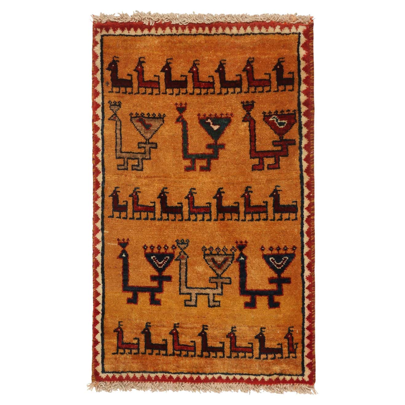 Vintage Gabbeh Tribal Rug in Golden-Orange and Beige-Brown Pattern by ...