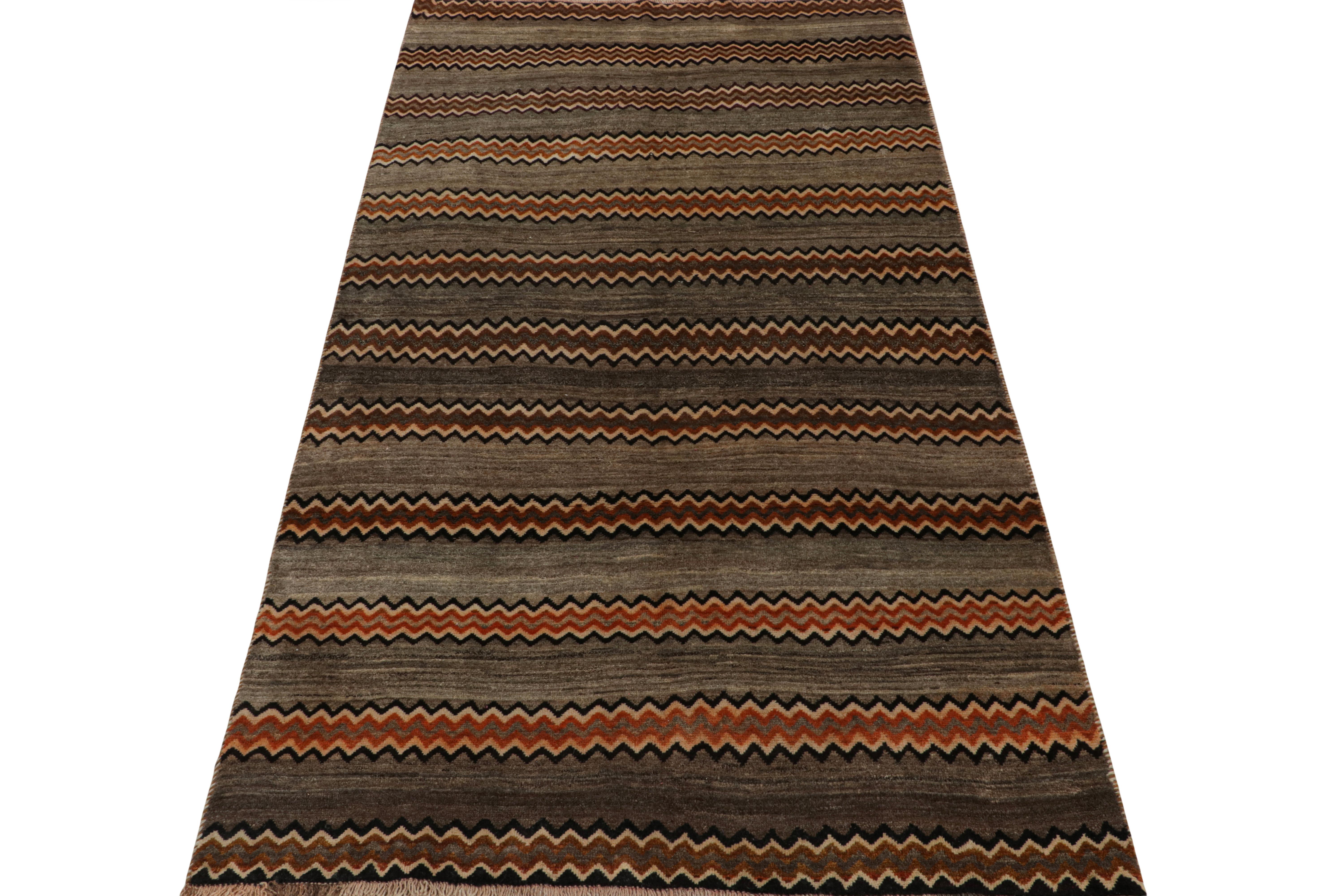 Turkish Vintage Gabbeh Tribal Rug in Gray & Beige-Brown Chevron Patterns by Rug & Kilim For Sale