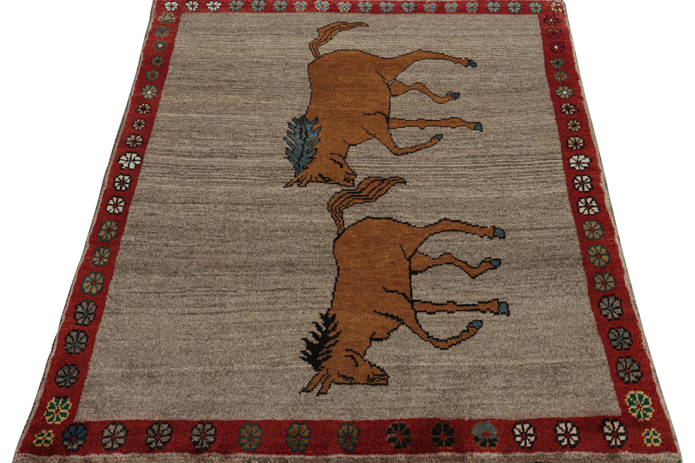 Turkish Vintage Gabbeh Tribal Rug in Gray & Brown Horse Pictorial Patterns by Rug Kilim For Sale