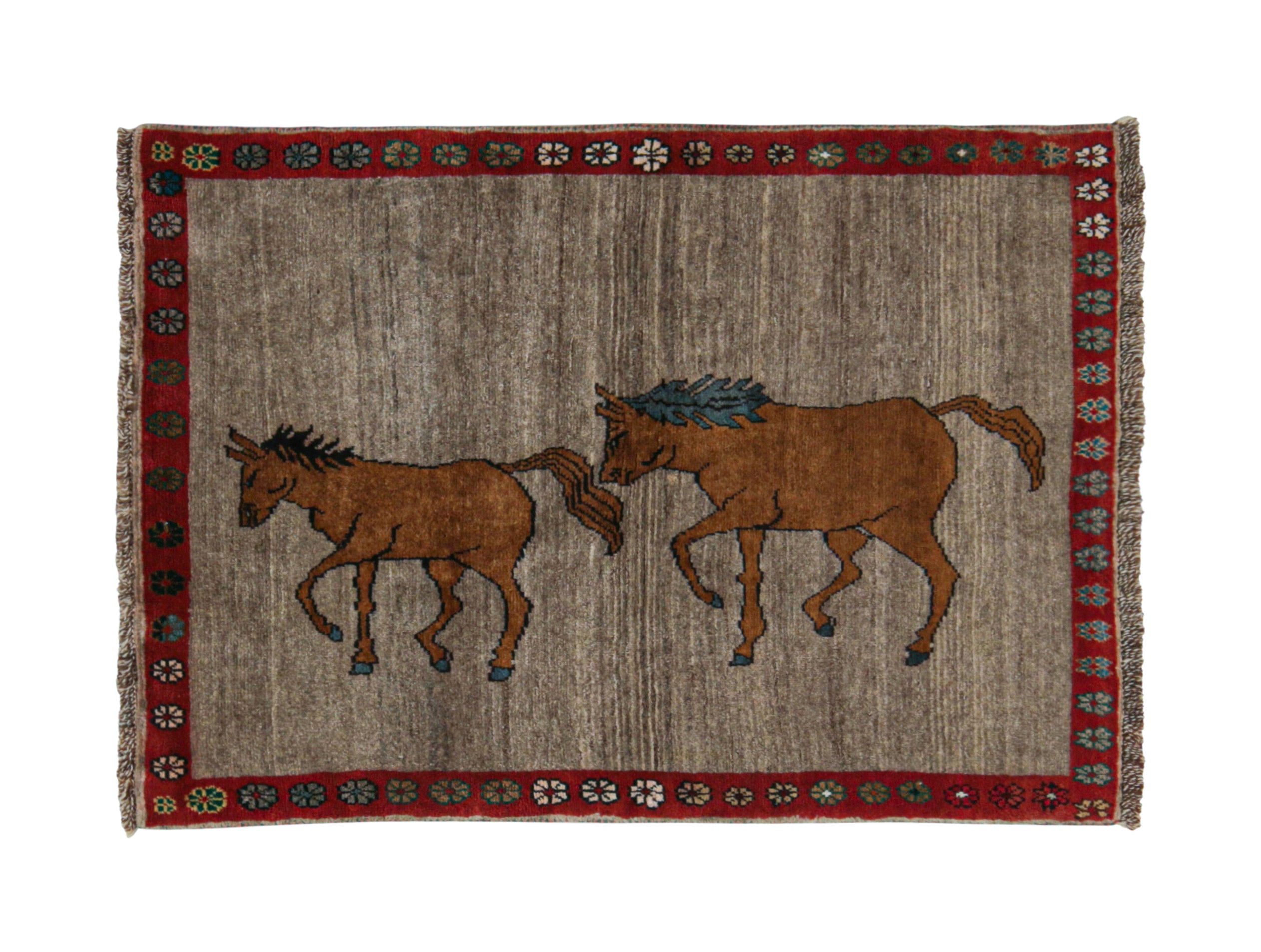 Gabbeh Tribal-Teppich im Vintage-Stil mit grauen und braunen Pferdemotiven von Teppich Kelim