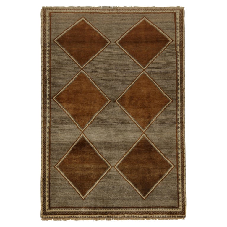 Vintage Gabbeh Tribal Rug in Gray with Brown Diamond Pattern by Rug and