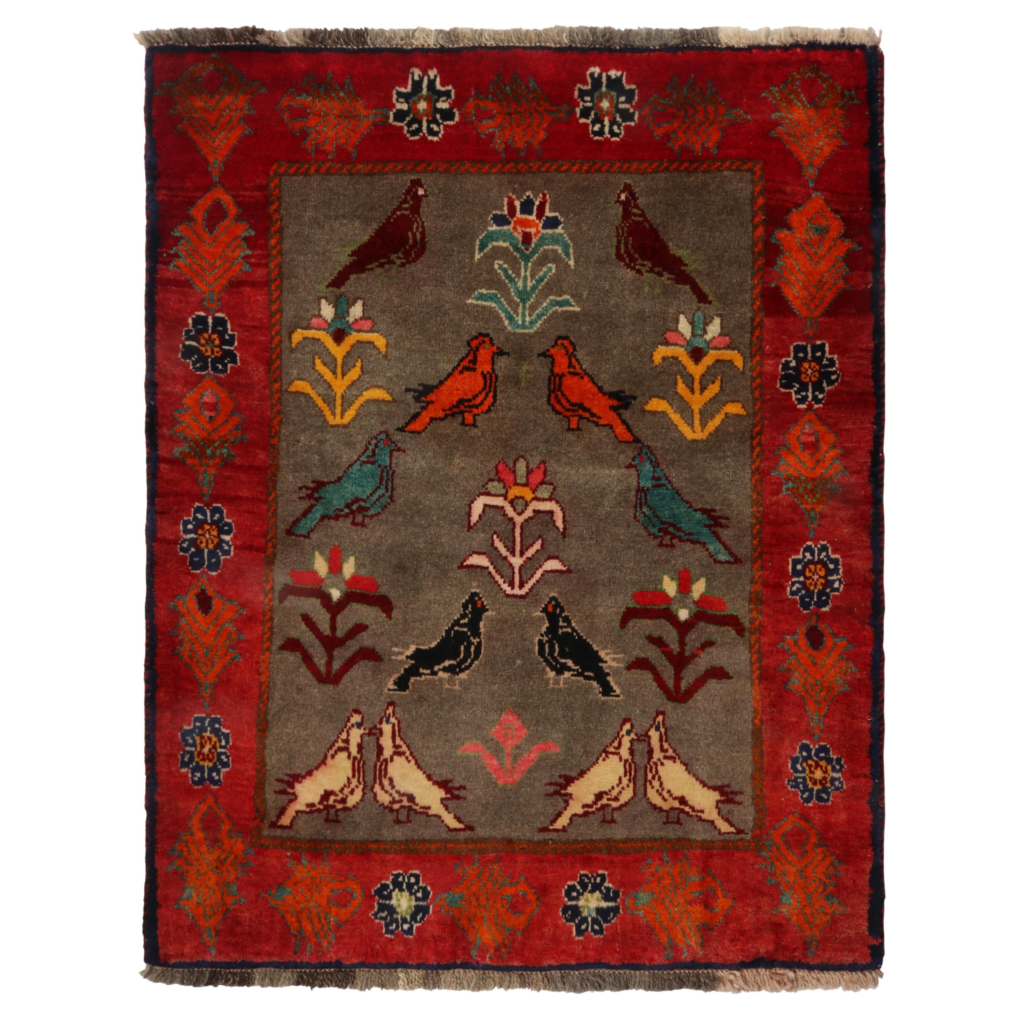 Vintage Gabbeh Tribal rug in Gray with Red & Colorful Pictorials by Rug & Kilim For Sale