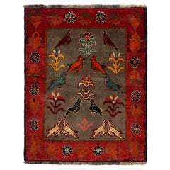 Gabbeh Tribal-Teppich im Vintage-Stil in Grau mit roten und bunten Bildern von Teppich & Kelim