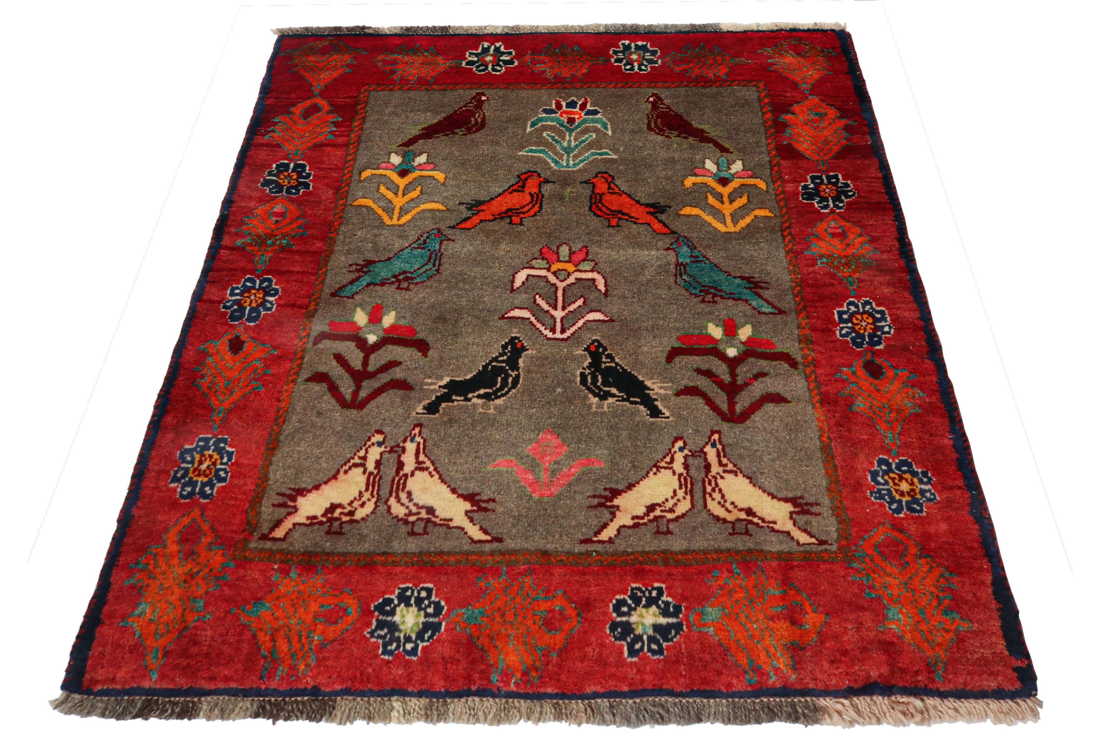 Hand-Knotted Vintage Gabbeh Tribal rug in Gray with Red & Colorful Pictorials by Rug & Kilim For Sale