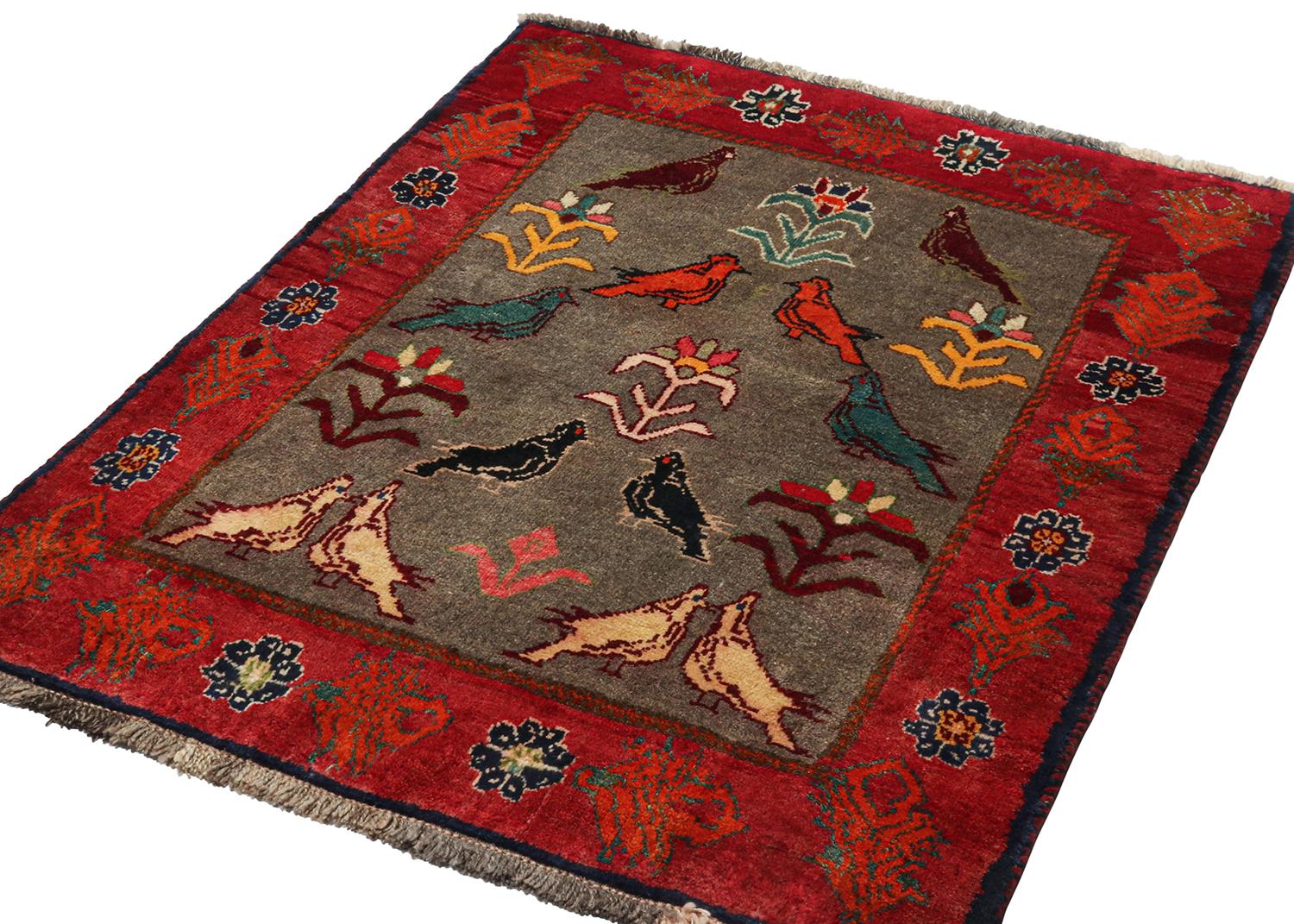 Turkish Vintage Gabbeh Tribal rug in Gray with Red & Colorful Pictorials by Rug & Kilim For Sale