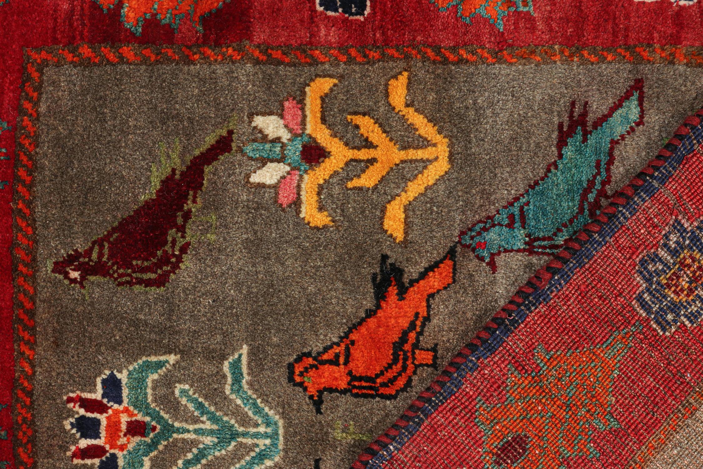 Vintage Gabbeh Tribal rug in Gray with Red & Colorful Pictorials by Rug & Kilim For Sale 1