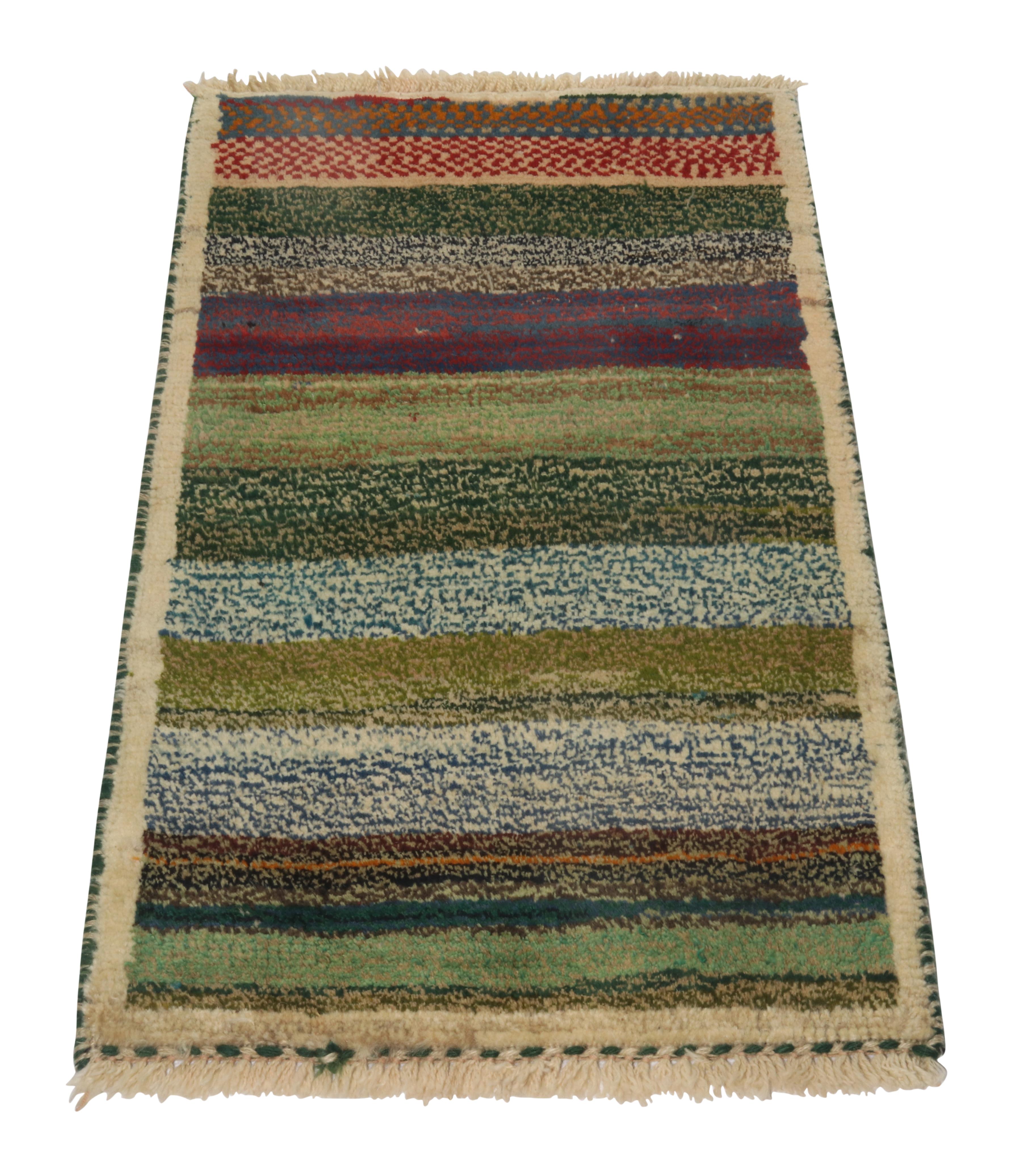 Turkish Vintage Gabbeh Tribal Rug in Green, Beige and Blue Shaggy Stripe by Rug & Kilim For Sale