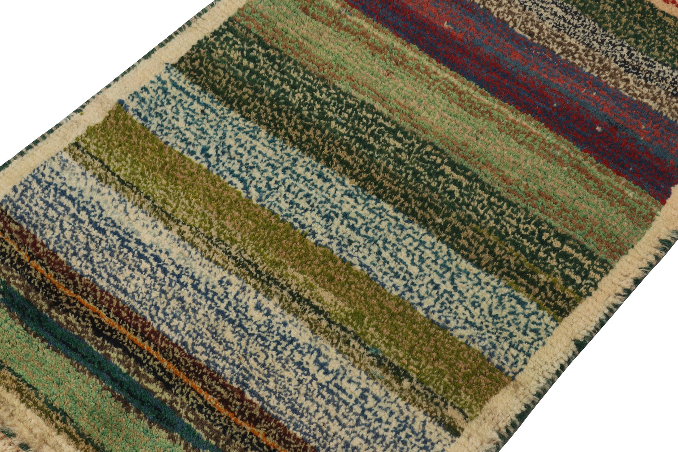 Hand-Knotted Vintage Gabbeh Tribal Rug in Green, Beige and Blue Shaggy Stripe by Rug & Kilim For Sale