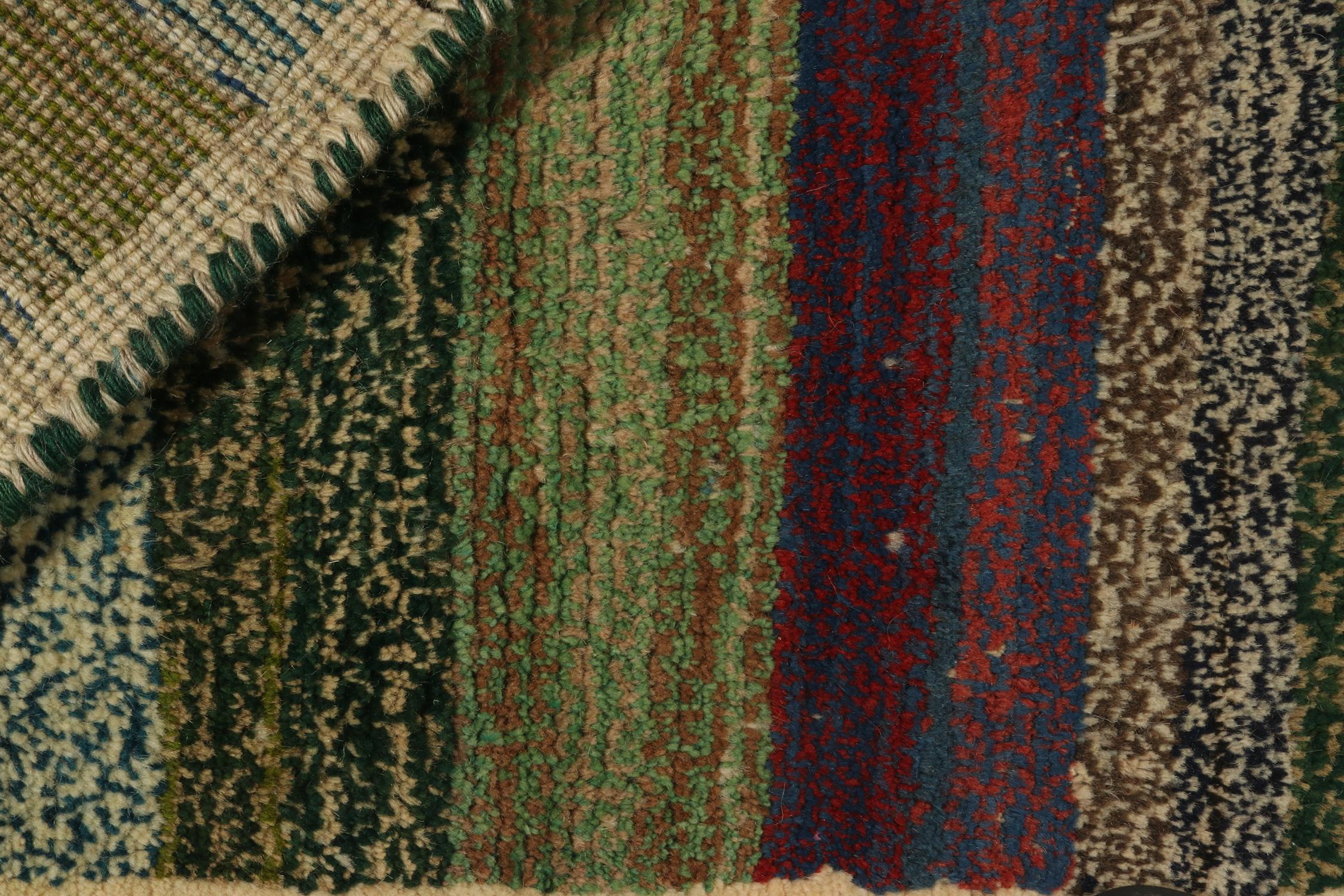 Mid-20th Century Vintage Gabbeh Tribal Rug in Green, Beige and Blue Shaggy Stripe by Rug & Kilim For Sale