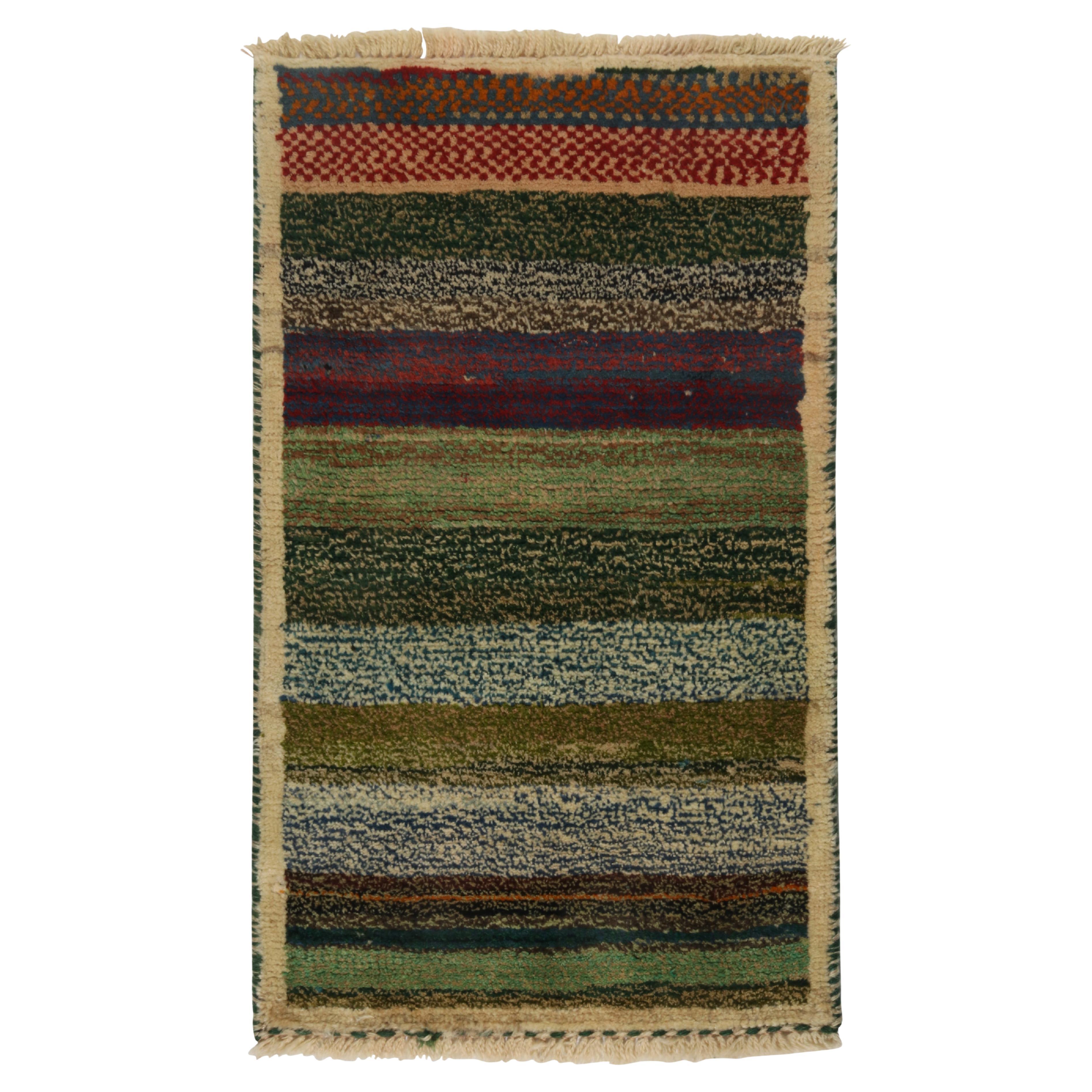 Vintage Gabbeh Tribal Rug in Green, Beige and Blue Shaggy Stripe by Rug & Kilim For Sale