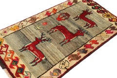 Vintage Gabbeh Tribal Rug in Grey with Red Pictorial Deer Pattern by Rug & Kilim