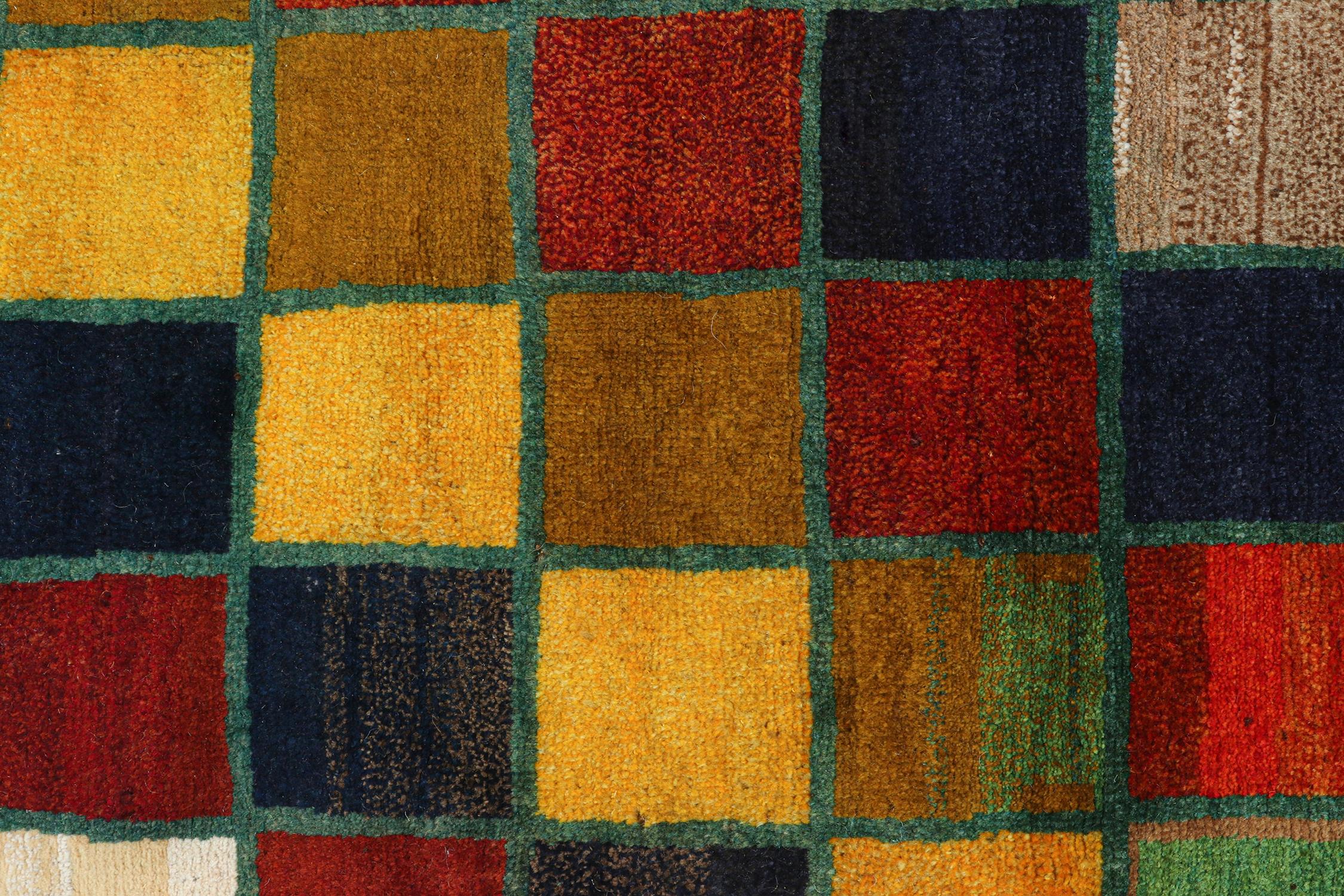 Mid-20th Century Vintage Gabbeh Tribal Rug in Polychromatic Geometric Pattern by Rug & Kilim For Sale