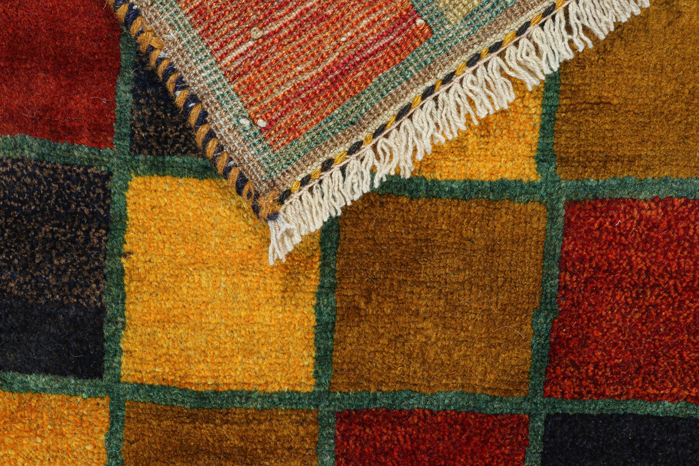 Wool Vintage Gabbeh Tribal Rug in Polychromatic Geometric Pattern by Rug & Kilim For Sale