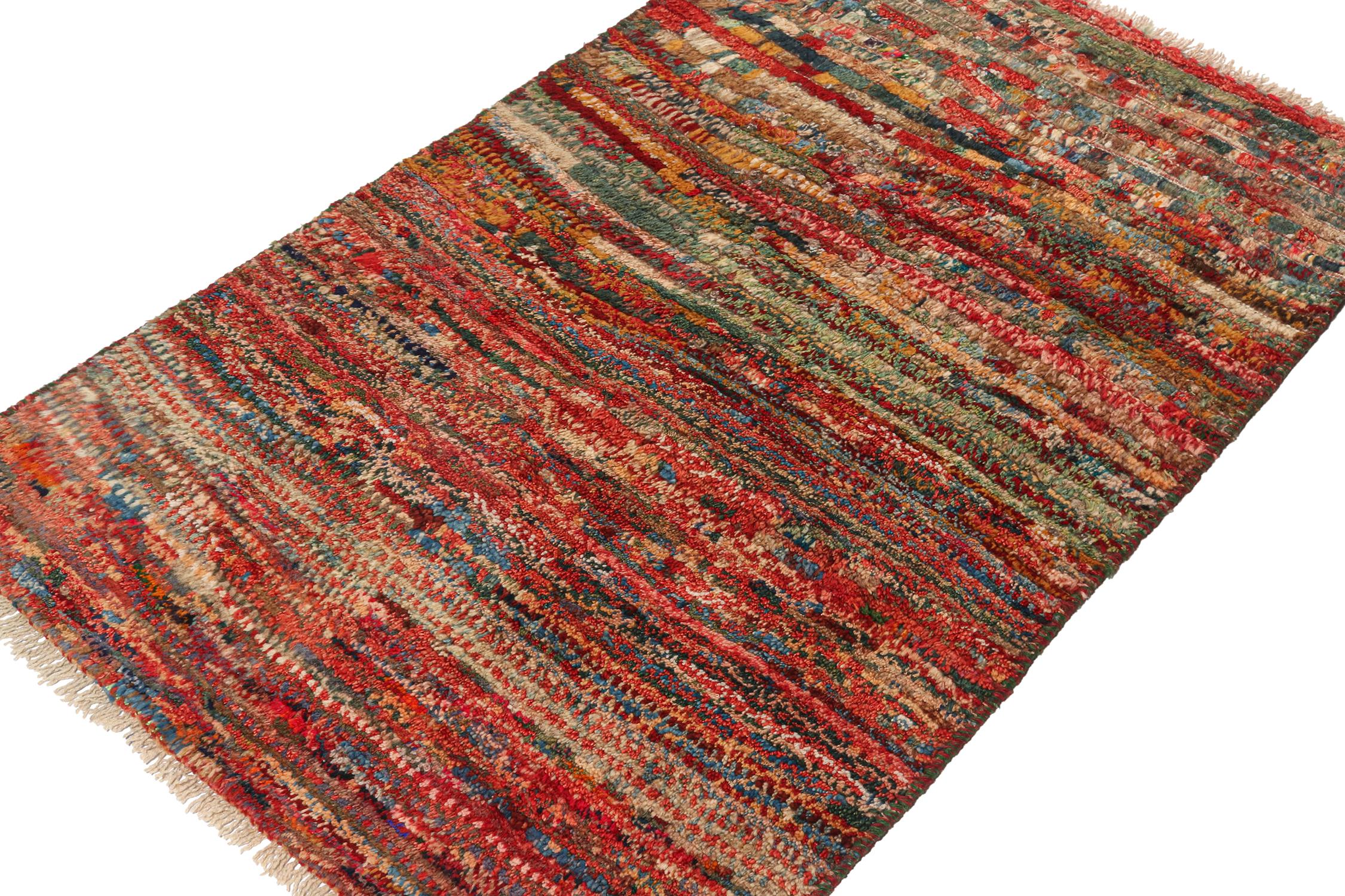 A vintage 3x4 Persian Gabbeh rug, making a grand entry to Rug & Kilim’s curation of rare tribal pieces. Hand-knotted in wool, originating circa 1950-1960. 

On the Design: 

This piece features a gorgeous play of polychromatic tones to