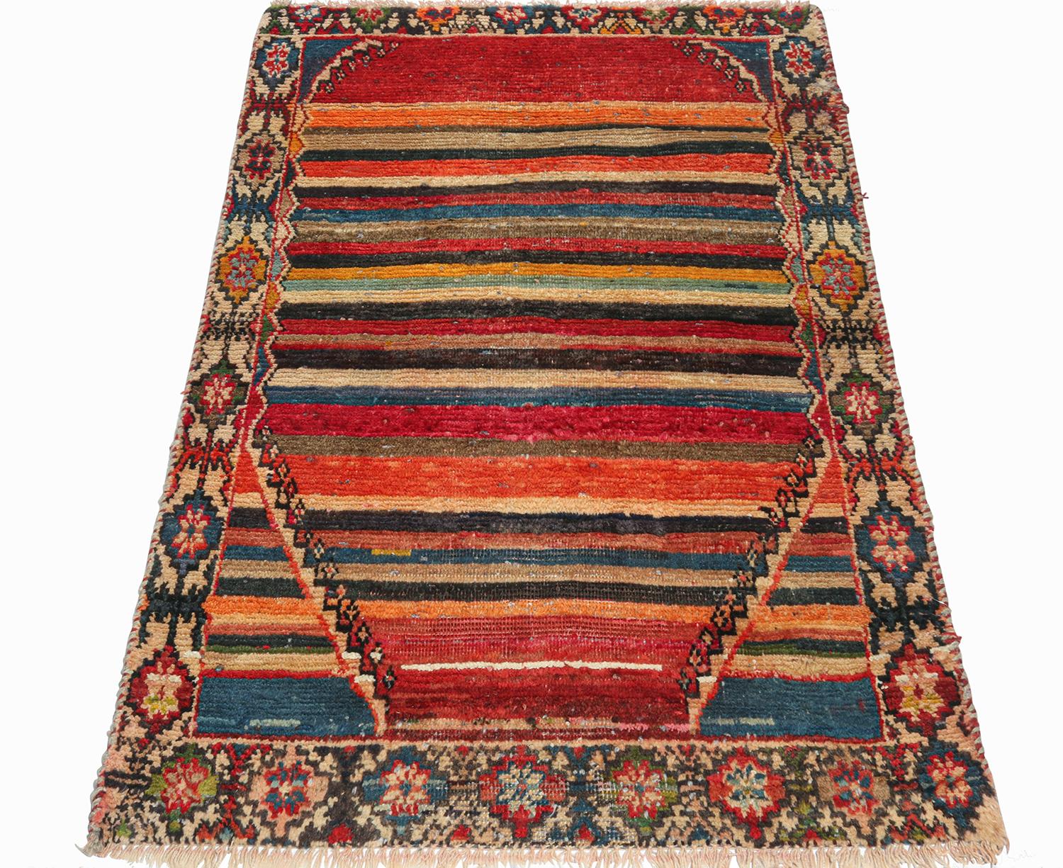 Turkish Vintage Gabbeh Tribal Rug in Polychromatic Stripes Patterns by Rug & Kilim For Sale