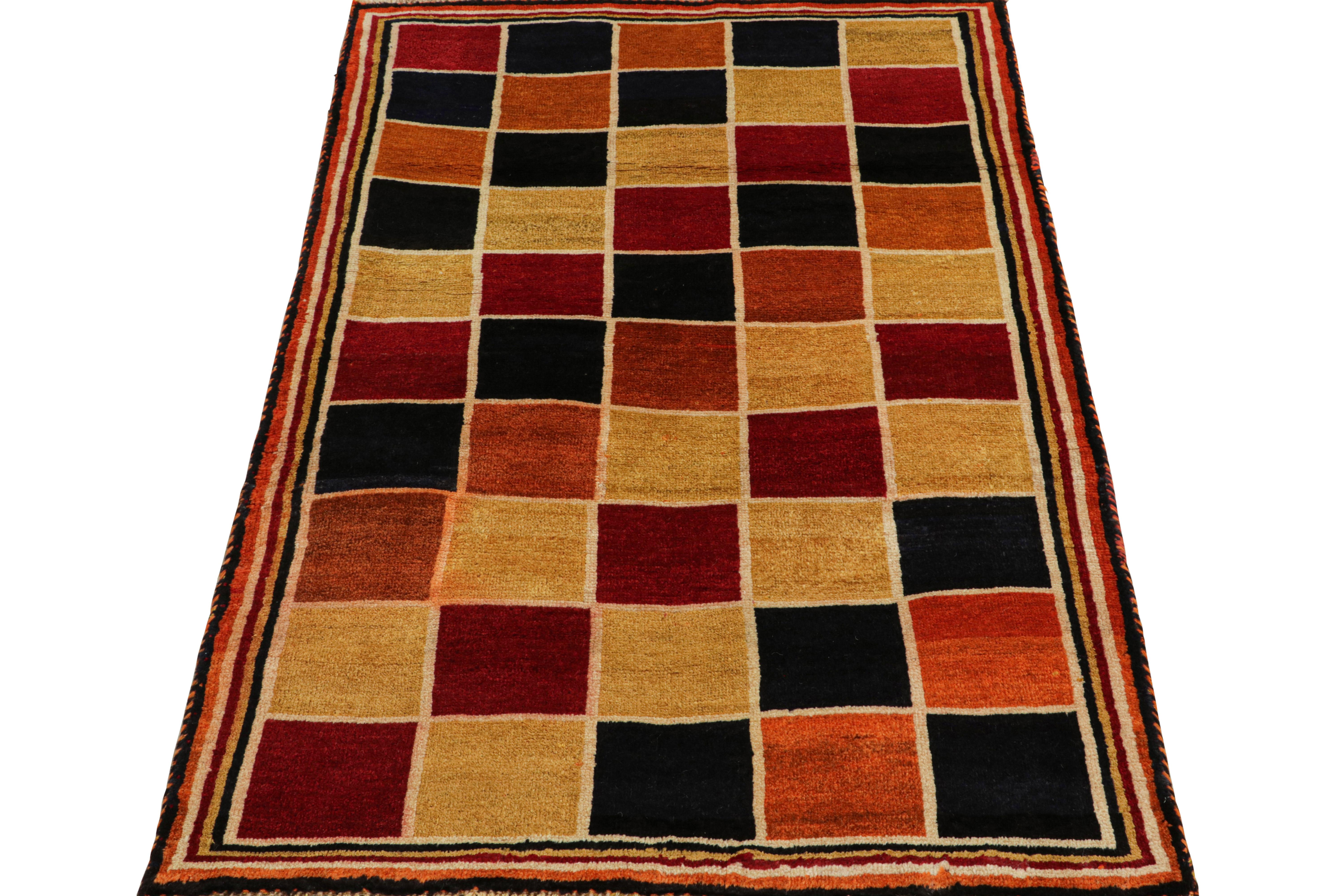 Turkish Vintage Gabbeh Tribal Rug in Red, Gold & Black Geometric Pattern by Rug & Kilim For Sale