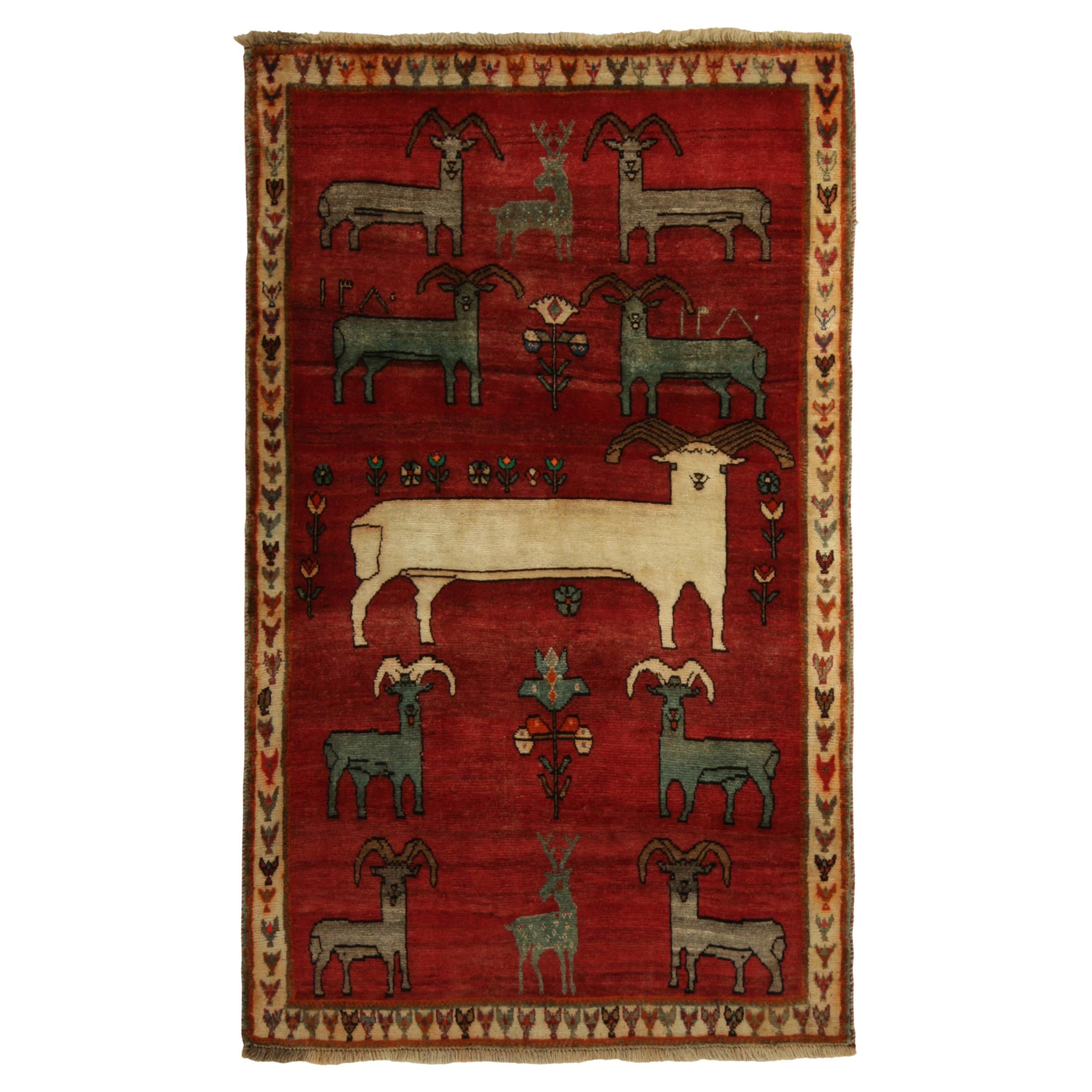 Vintage Gabbeh Tribal Rug in Red with Beige Animal Pictorials by Rug
