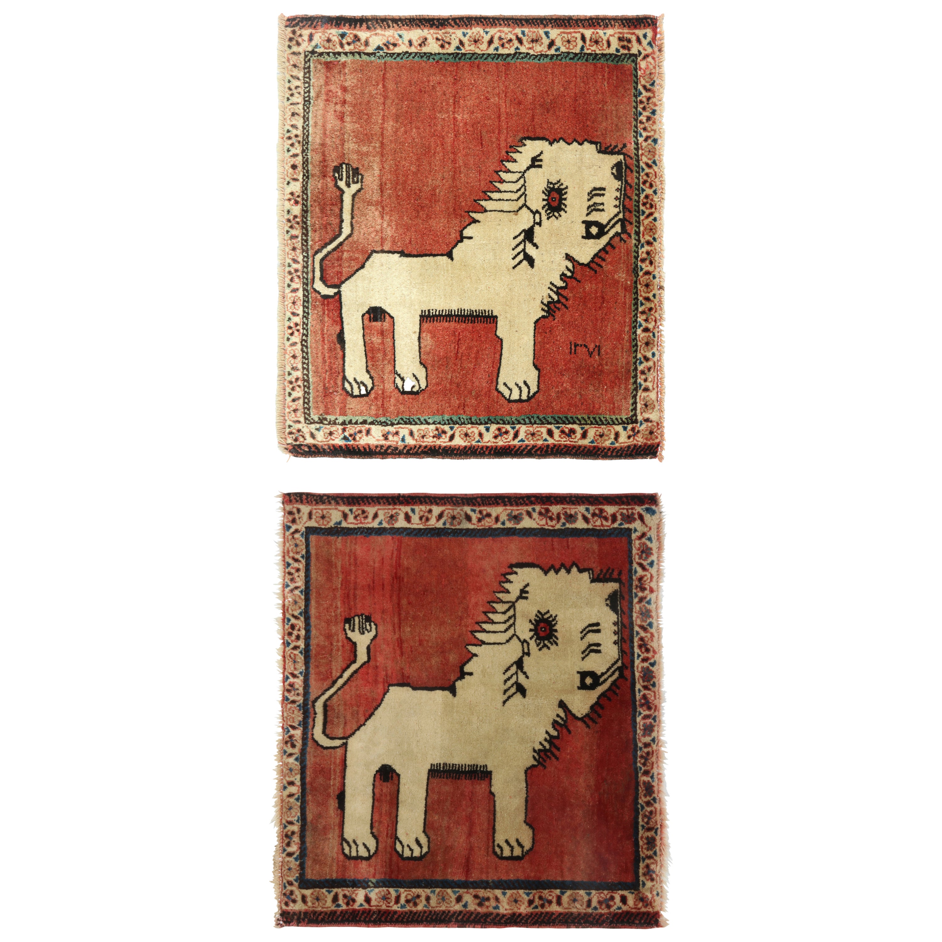 Alfombra tribal Gabbeh vintage roja con dibujos de animales beige by Rug & Kilim en venta