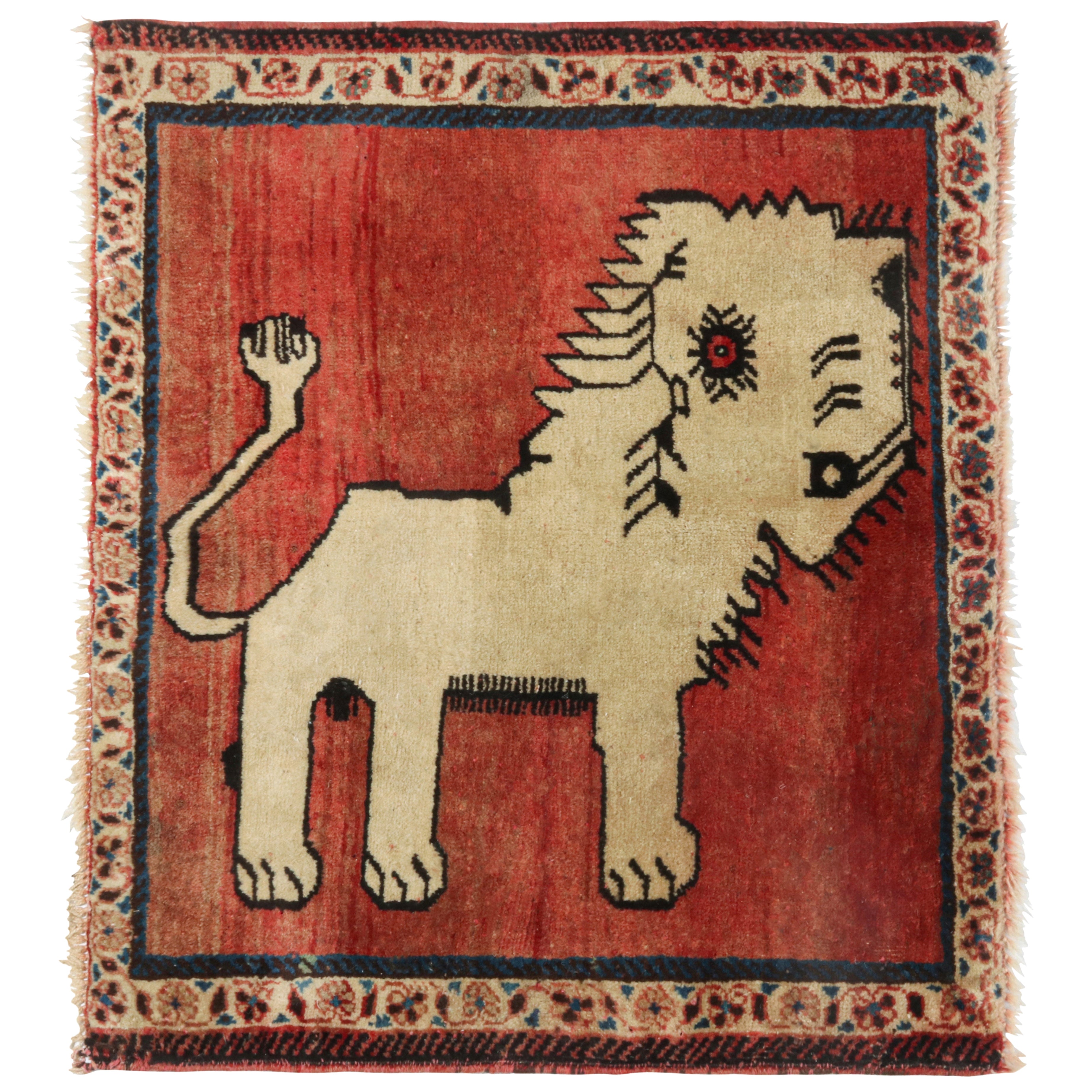 Gabbeh Stammeskunst-Teppich in Rot mit beigefarbenen Tierbildern von Rug 
Kilim, Vintage