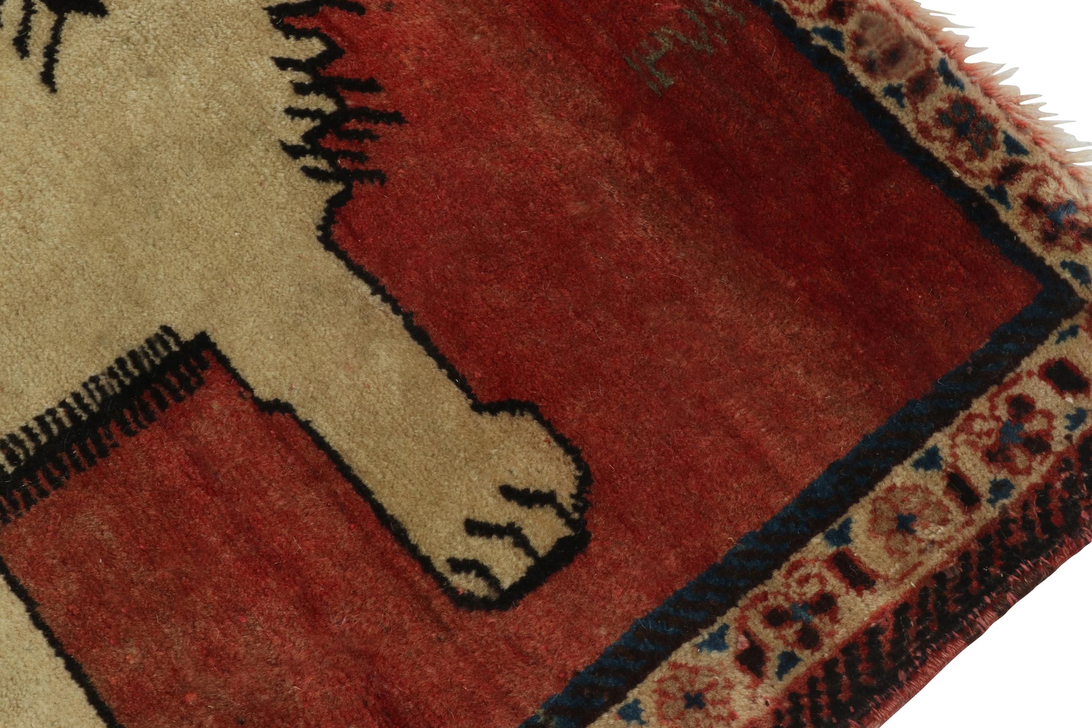 Hand-Knotted Vintage Gabbeh Tribal Rug in Red with Beige Animal Pictorials by Rug & Kilim For Sale
