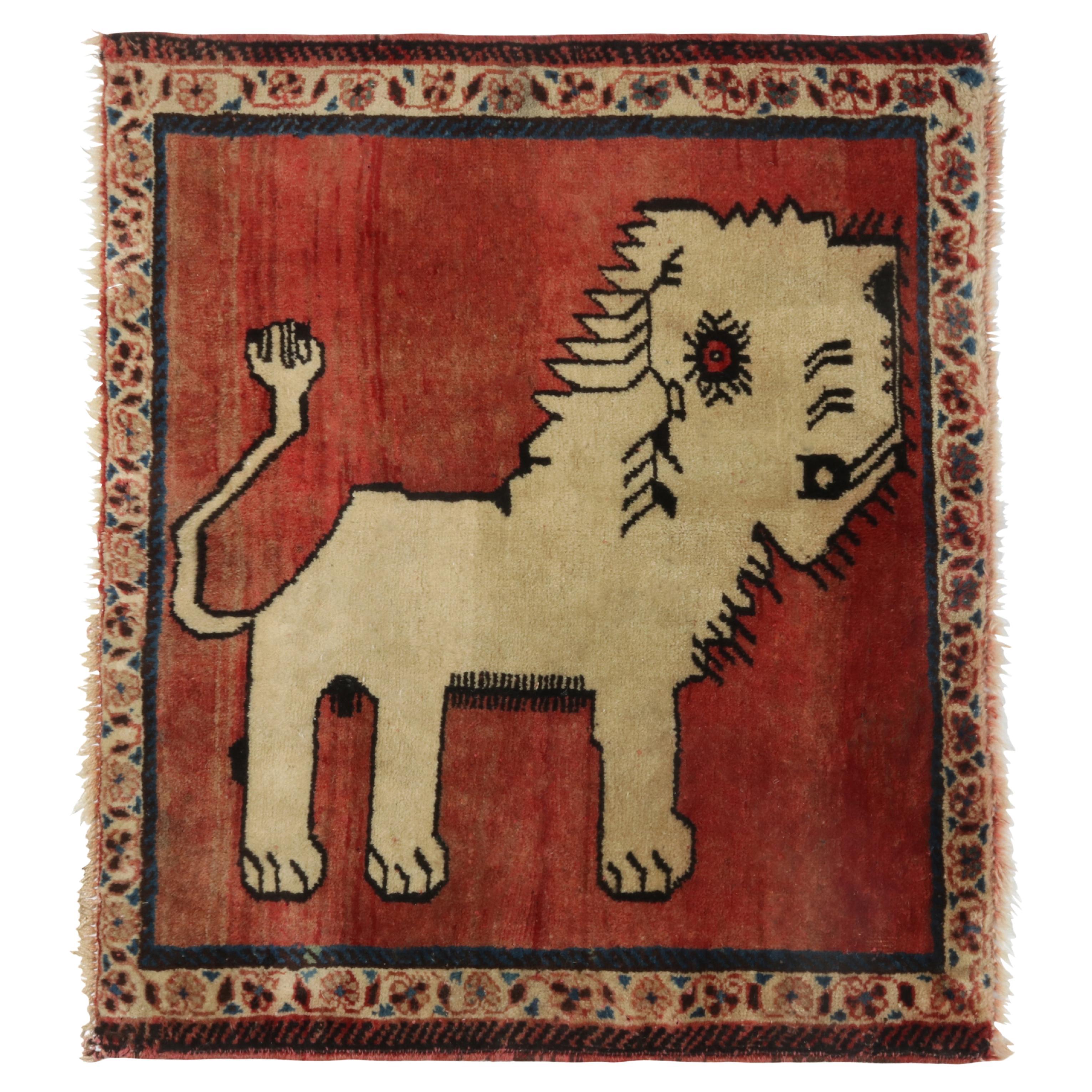 Vintage Gabbeh Stammeskunst-Teppich in Rot mit beigefarbenen Tierbildern von Teppich & Kelim