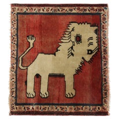 Retro Gabbeh Tribal Rug in Red with Beige Animal Pictorials by Rug & Kilim